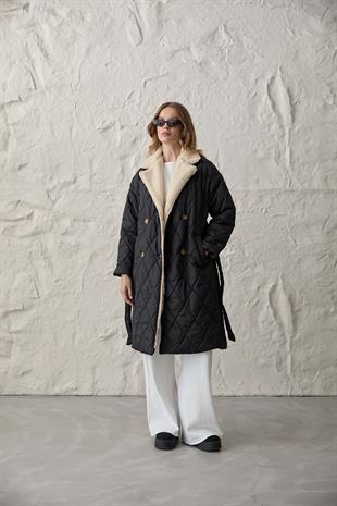 Yakası Suni Kürklü Düğmeli Kapitoneli Mont SİYAH