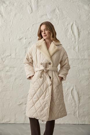 Yakası Suni Kürklü Düğmeli Kapitoneli Mont TAŞ