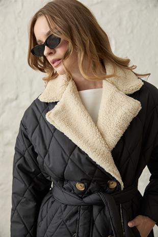 Yakası Suni Kürklü Düğmeli Kapitoneli Mont SİYAH