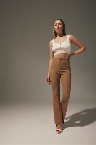 Womens Trousers with Ripped Spanish Hem BISCUIT