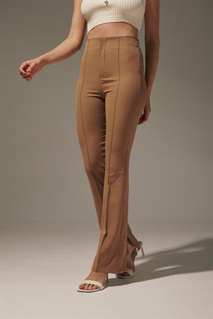 Womens Trousers with Ripped Spanish Hem BISCUIT