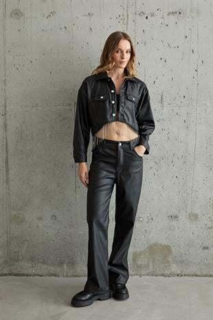 Zincir Detaylı Düğmeli Deri Ceket SİYAH