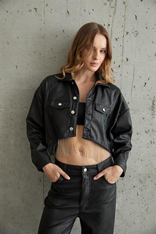 Zincir Detaylı Düğmeli Deri Ceket SİYAH