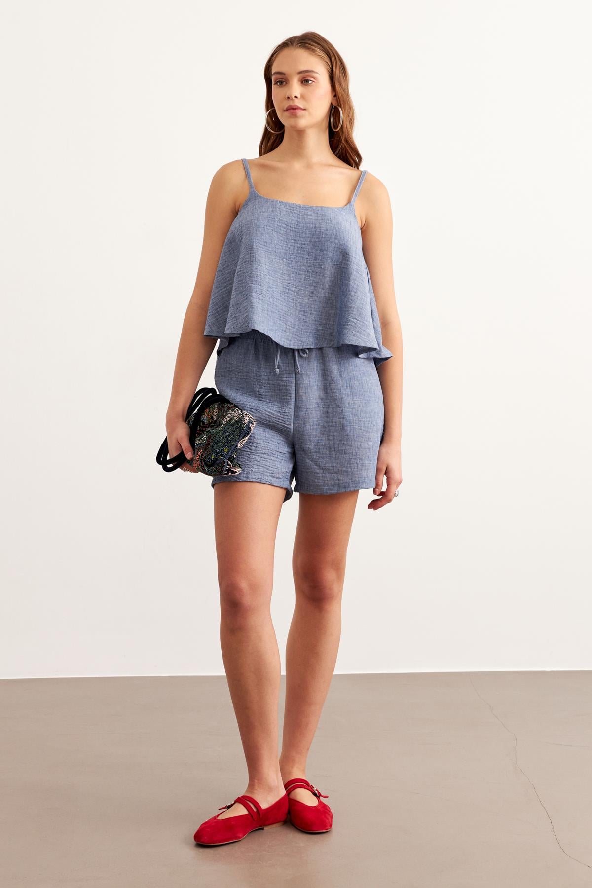 B28-4966-70MarkasızBLUZAskılı Keten Crop Bluz MAVİ