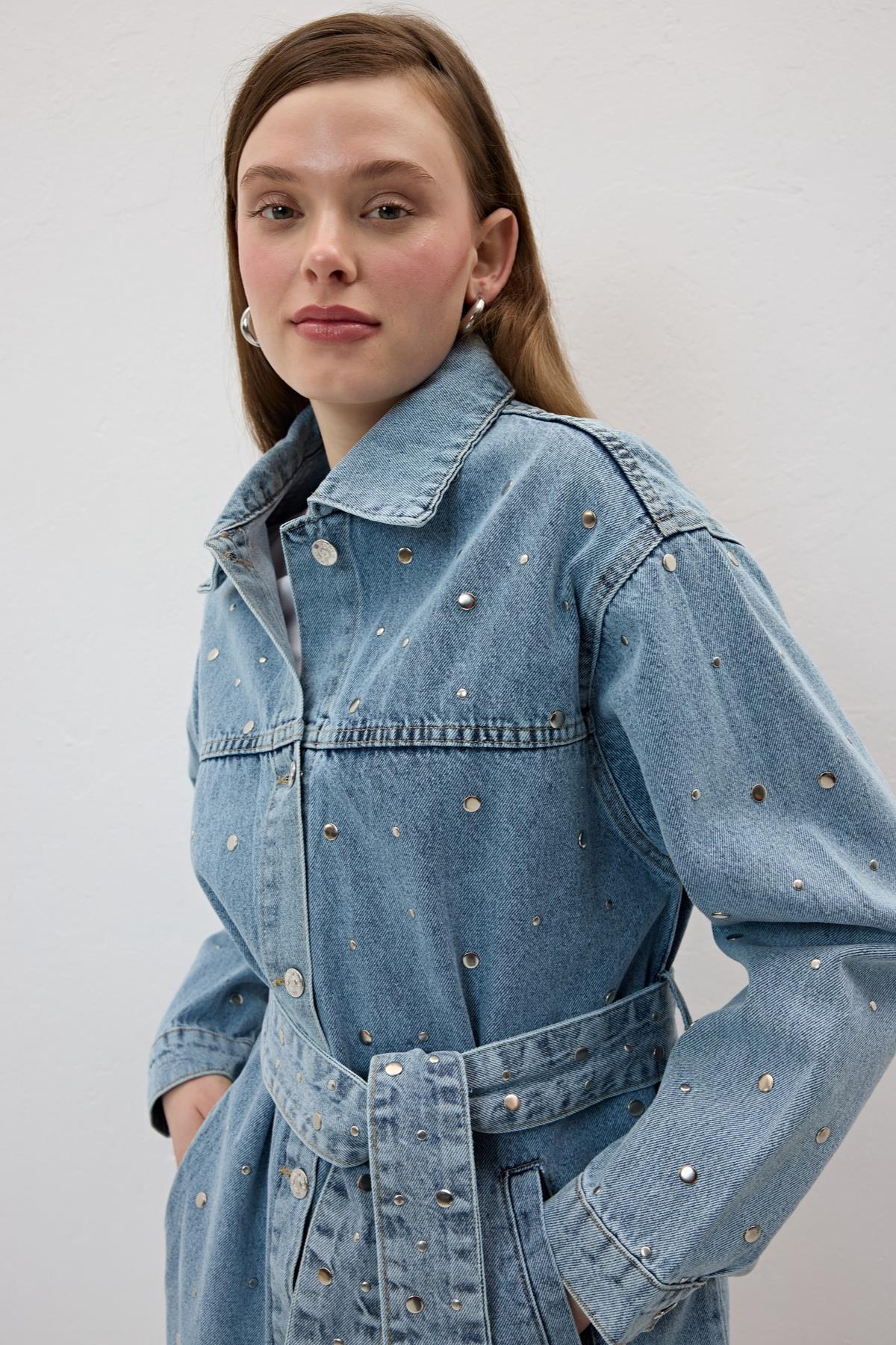 M28-5808*-277MarkasızJACKETBeli Kuşak Detaylı Drop Çakımlı Kot Ceket KAR YIKAMA