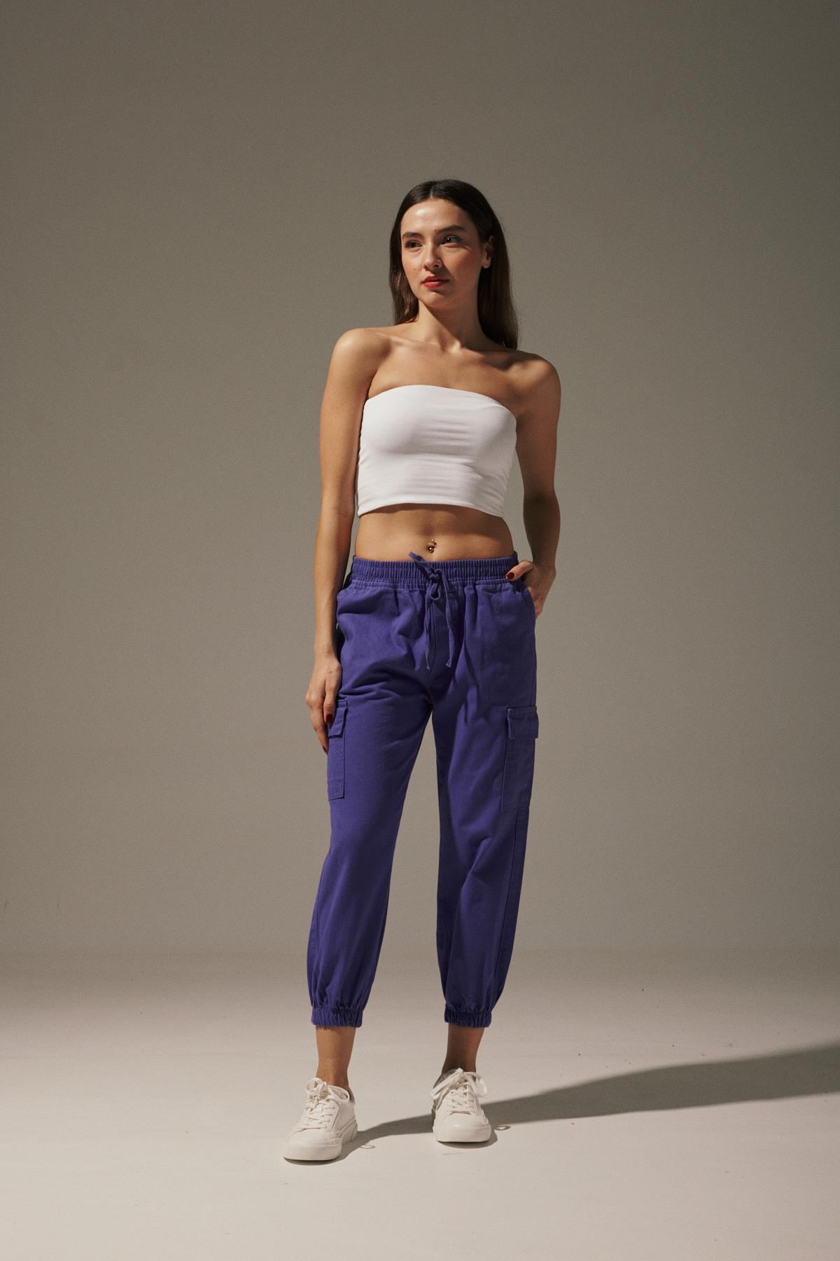 P27-3162-2323 LİLAMarkasızPANTALONGabardin Beli Lastik Kadın Pantalon LİLA