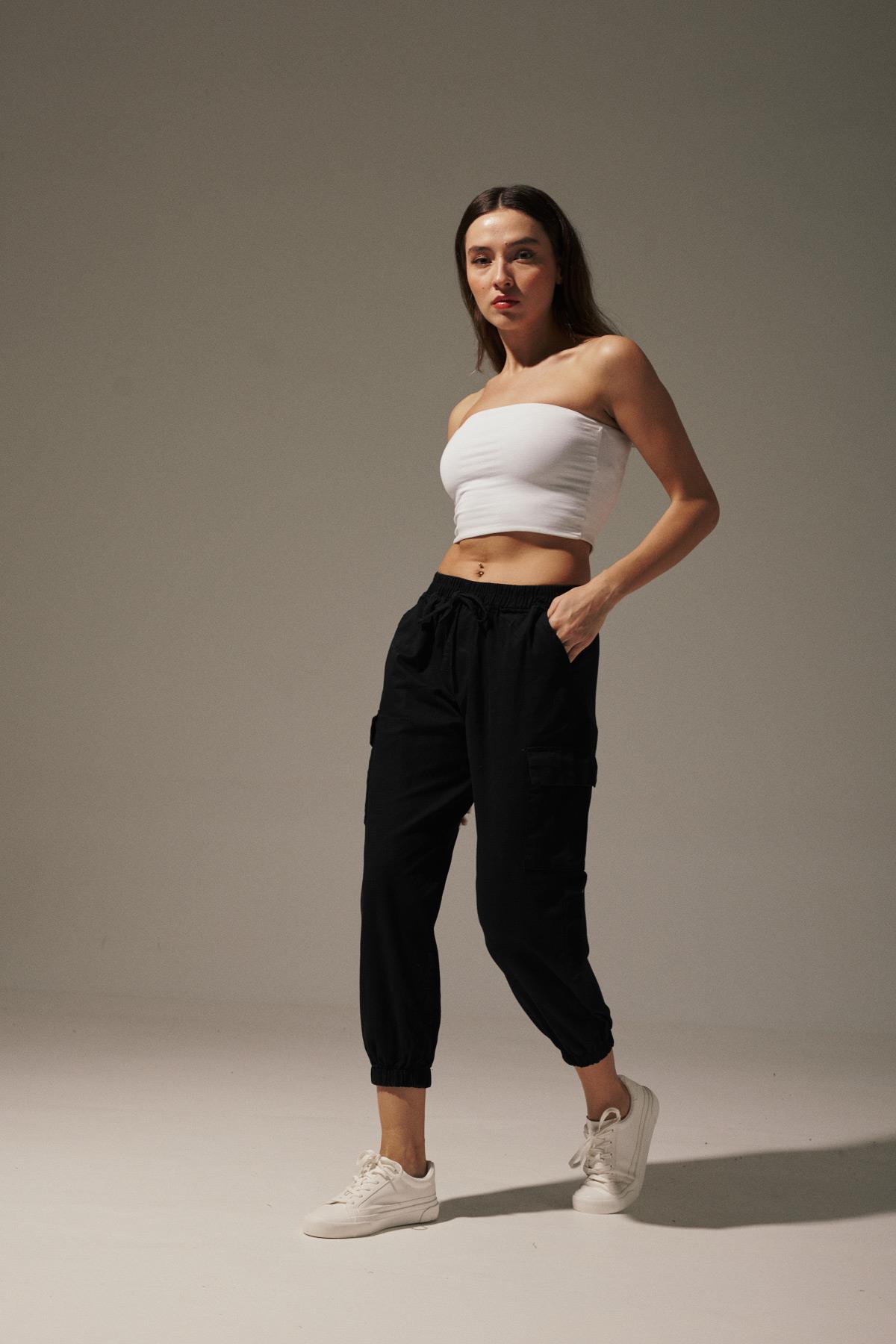 P27-3162-01MarkasızPANTALONGabardin Beli Lastik Kadın Pantalon SİYAH