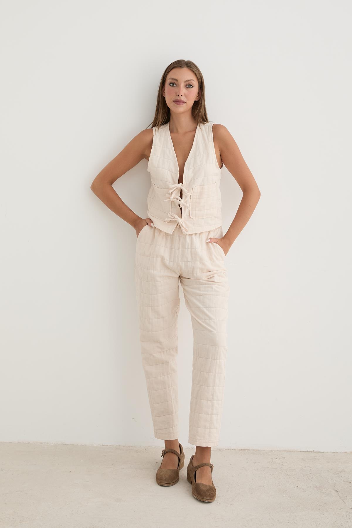 P28-3475-59MarkasızPANTOLONKadın Beli Kordon Detaylı Desenli Kapitone Pantolon TAŞ