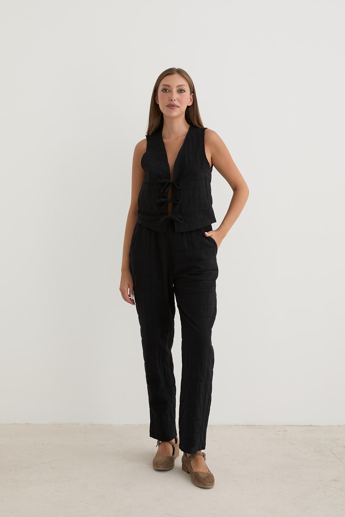 P28-3475-01MarkasızPANTOLONKadın Beli Kordon Detaylı Desenli Kapitone Pantolon SİYAH