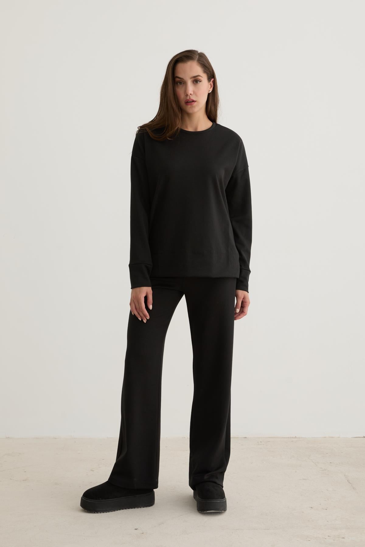 S28-2219-01MarkasızSWEATSHIRTKadın Bisiklet Yaka Oversize Sweatshirt SİYAH