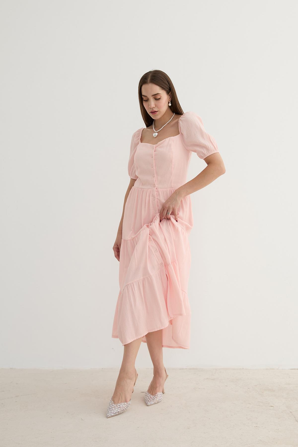 E27-7290-32MarkasızELBİSEKadın Kısa Kollu Düğme Detaylı Midi Elbise PEMBE