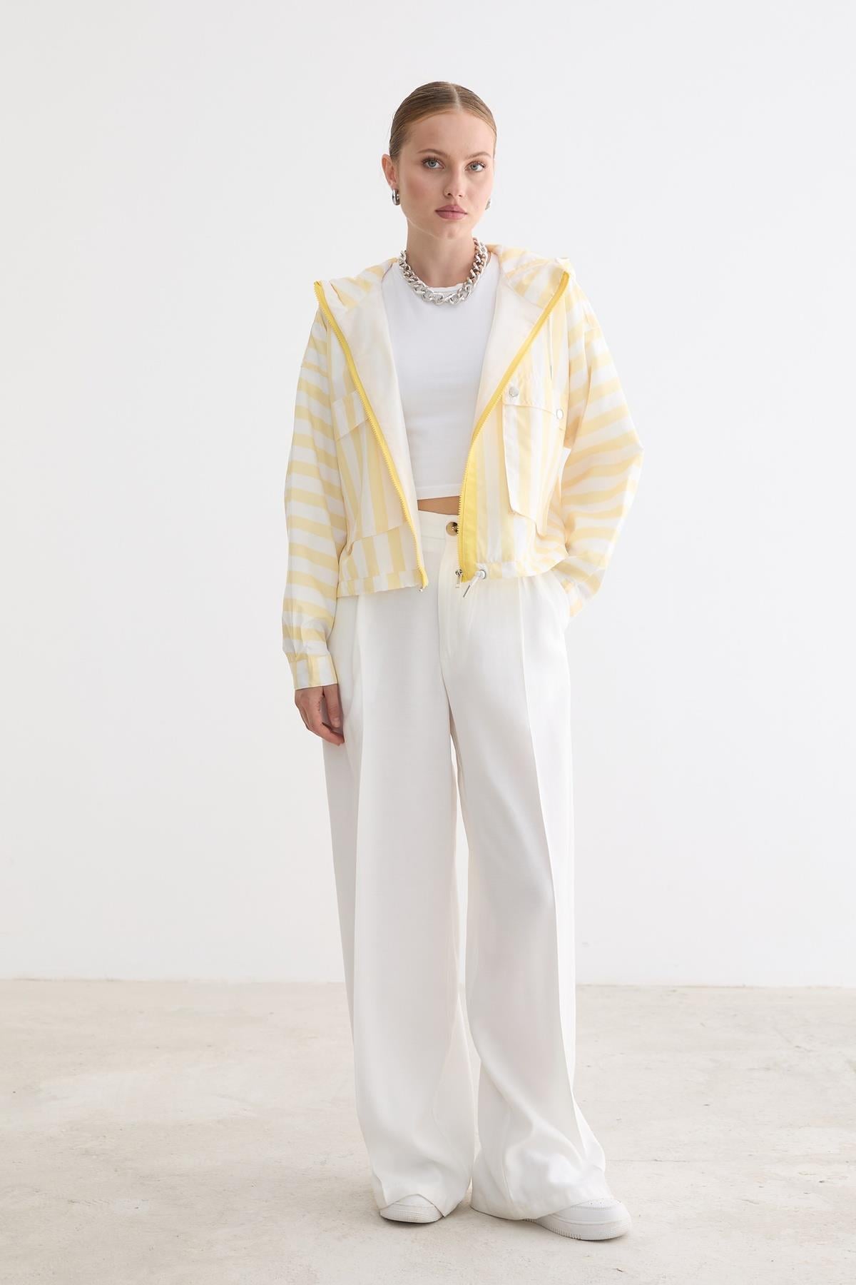 M28-5654-323MarkasızJACKETMarine Çizgili Kapüşonlu Ceket SARI ÇİZGİLİ