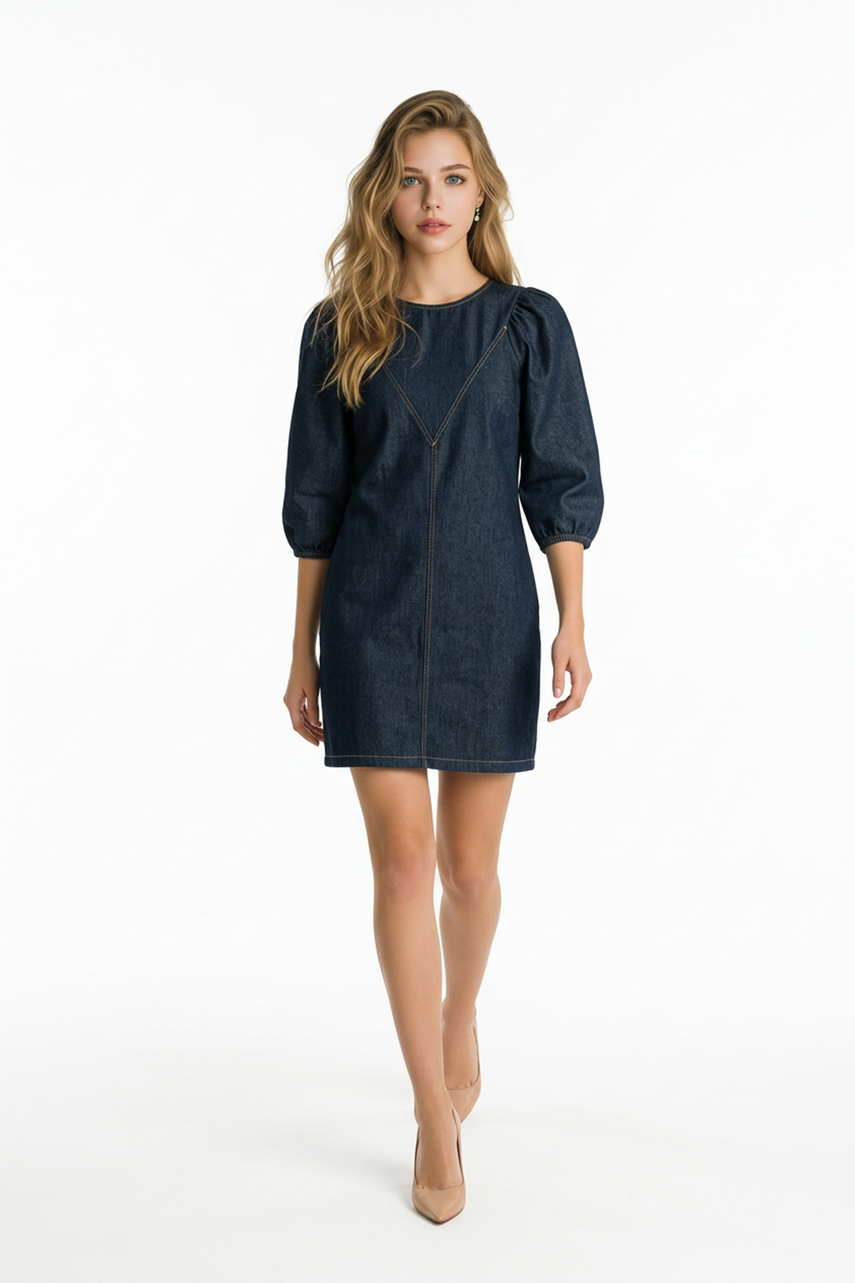 E28-7360-3MarkasızDRESSMini Truvakar Kolu Kot Elbise BLUE DENİM