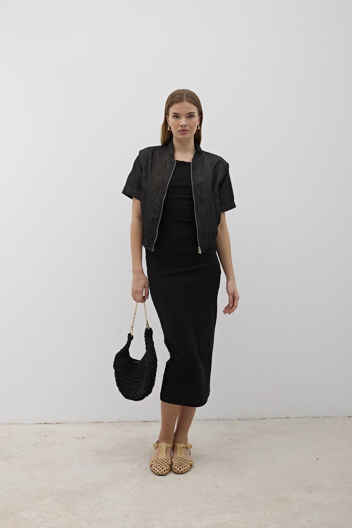 C28-5817-BMarkasızCEKETOmzu Vatkalı Önü Fermuarlı Ceket BLACK