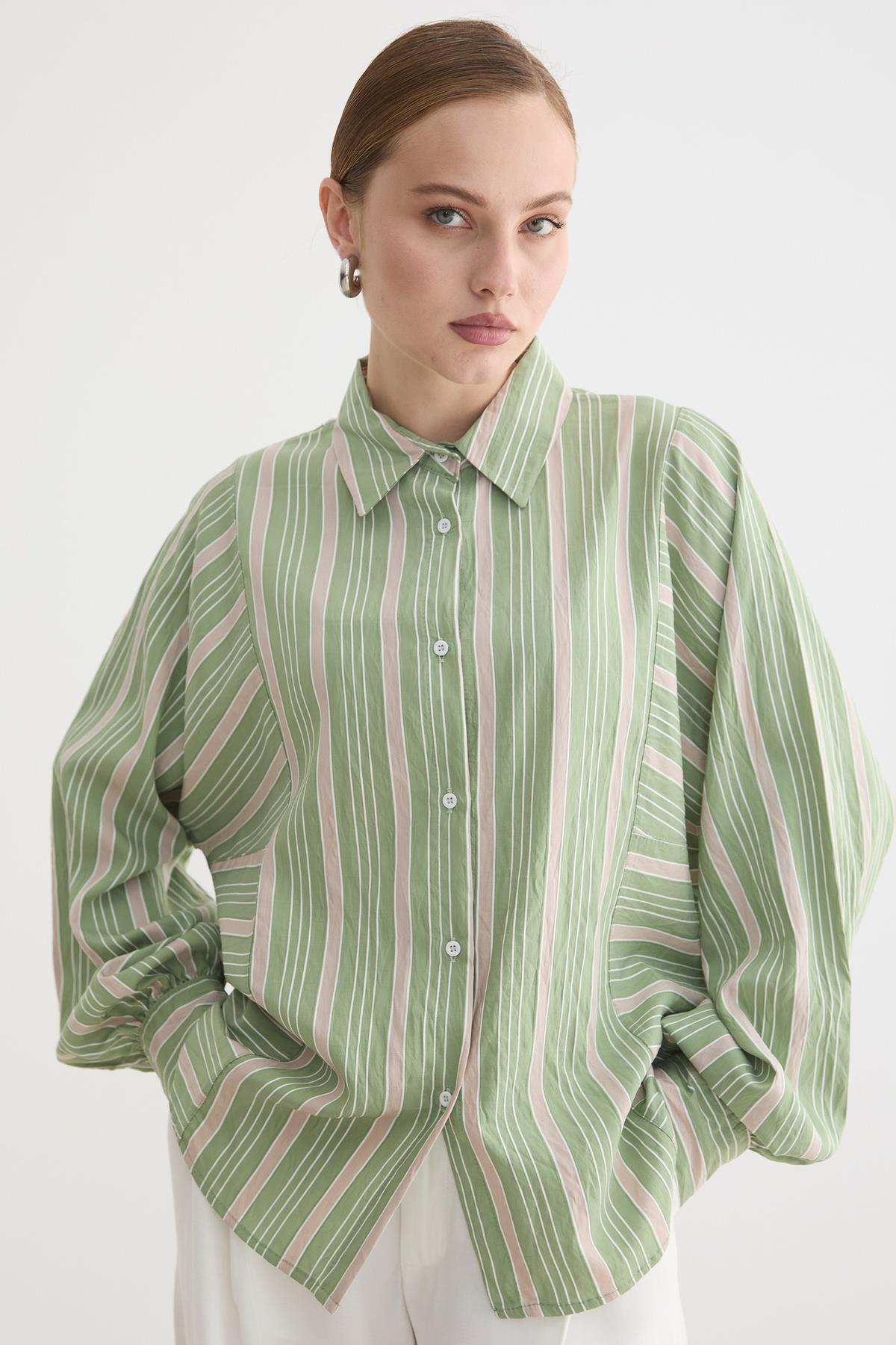 G28-4004-15MarkasızSHIRTÖnü Düğmeli Çizgili Oversize Gömlek HAKİ