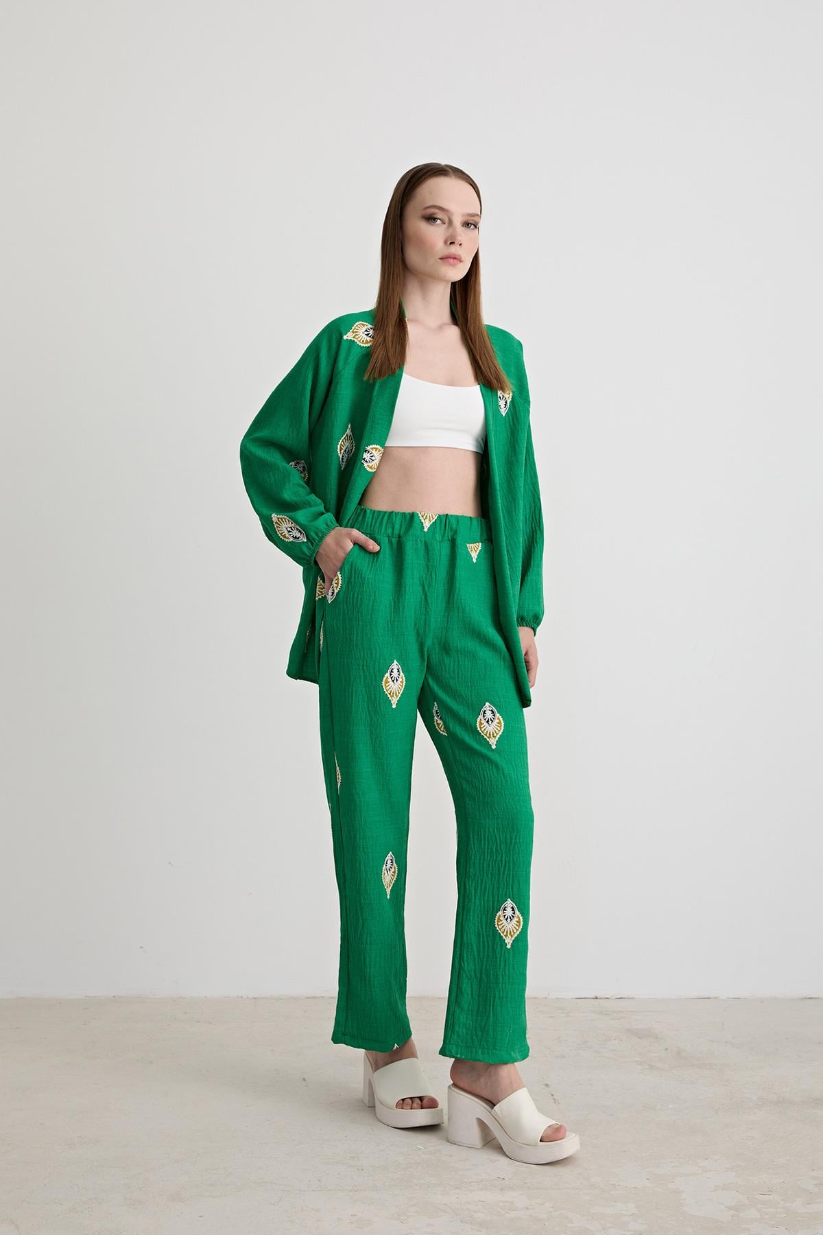 P27-3458-B.Y.MarkasızPANTOLONŞal Desenli Keten Pantolon BENETTON YEŞİLİ
