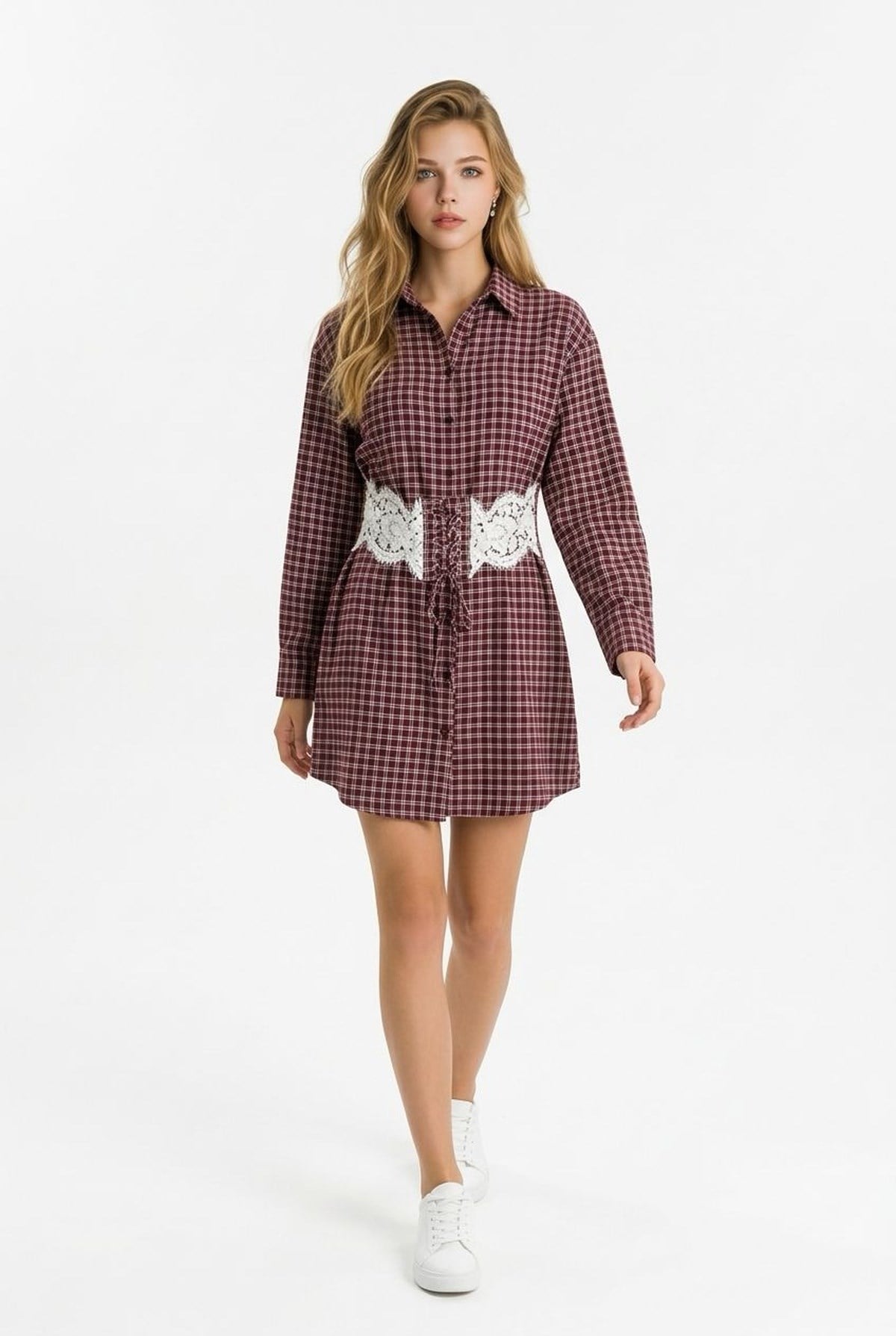 E28-7369-212MarkasızDRESSUzun Kollu Dantel Kemerli Mini Elbise BORDO