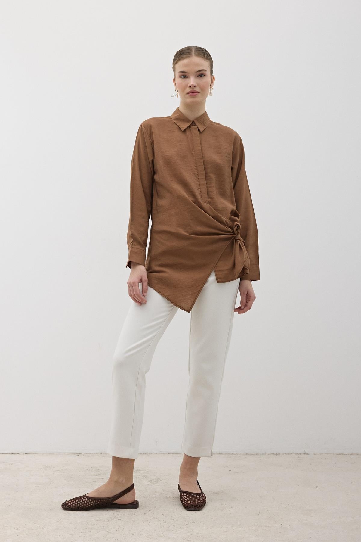 G28-4940-12378MarkasızGÖMLEKYandan Bağlamalı Modal Gömlek KAHVERENGİ