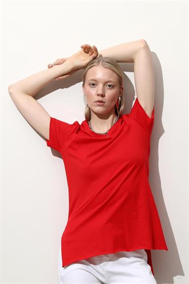 Kadın V Yaka Oversize Yırtmaçlı T-Shirt