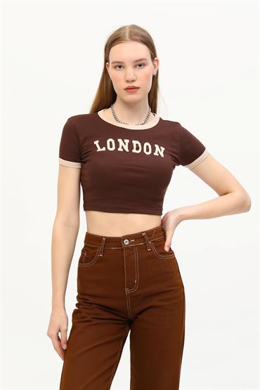 Kadın London Baskılı Crop T-Shirt