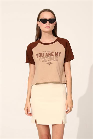 Kadın Yazı Baskılı Renkli Crop T-Shirt