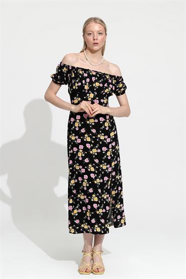 Kadın Çiçek Desenli Yırtmaçlı Elbise
