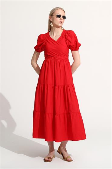 Arkadan Bağlamalı Kısa Kol Elbise - Kırmızı