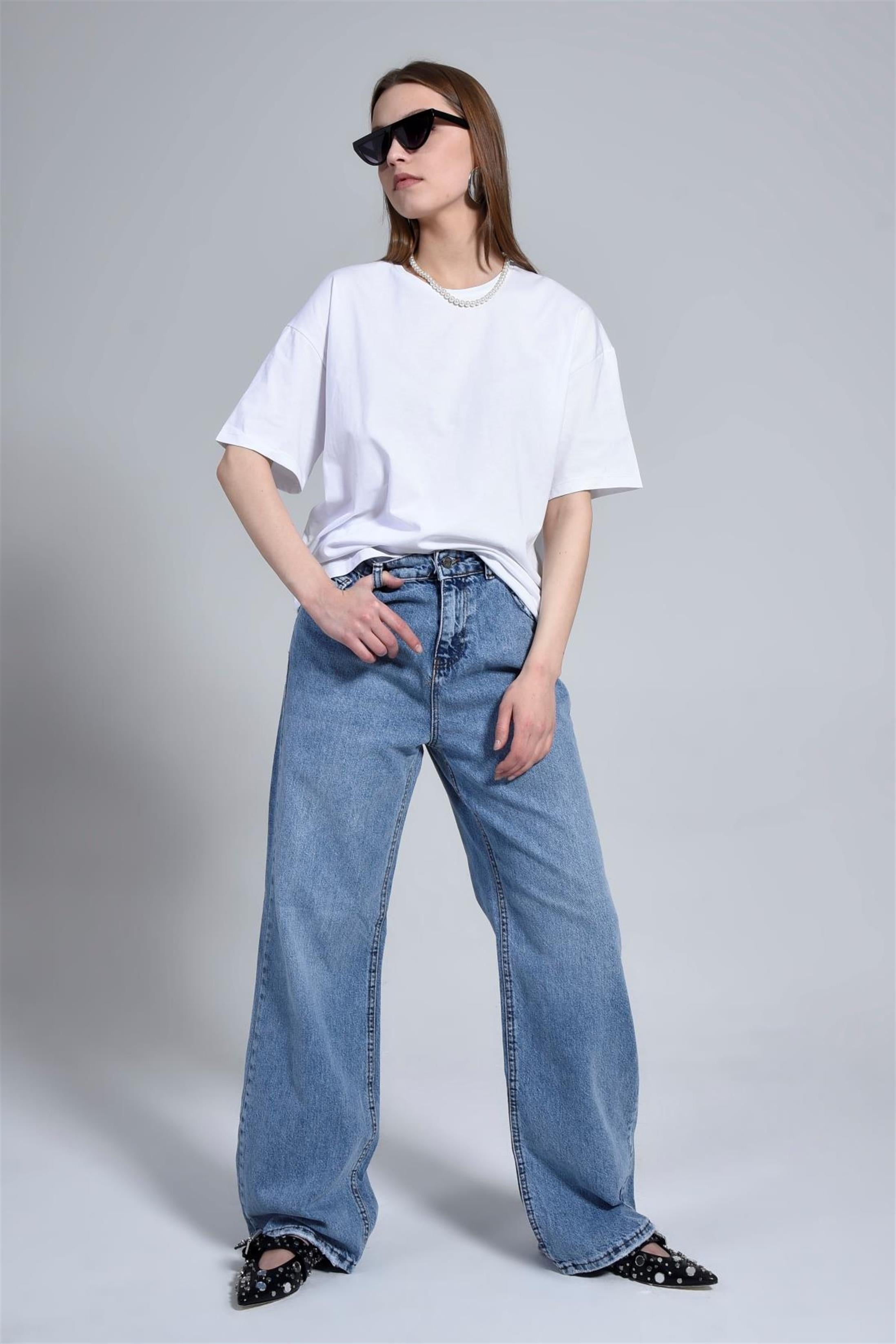 Kadın Mom Friend Jean Palozzo Kot Pantolon Denim