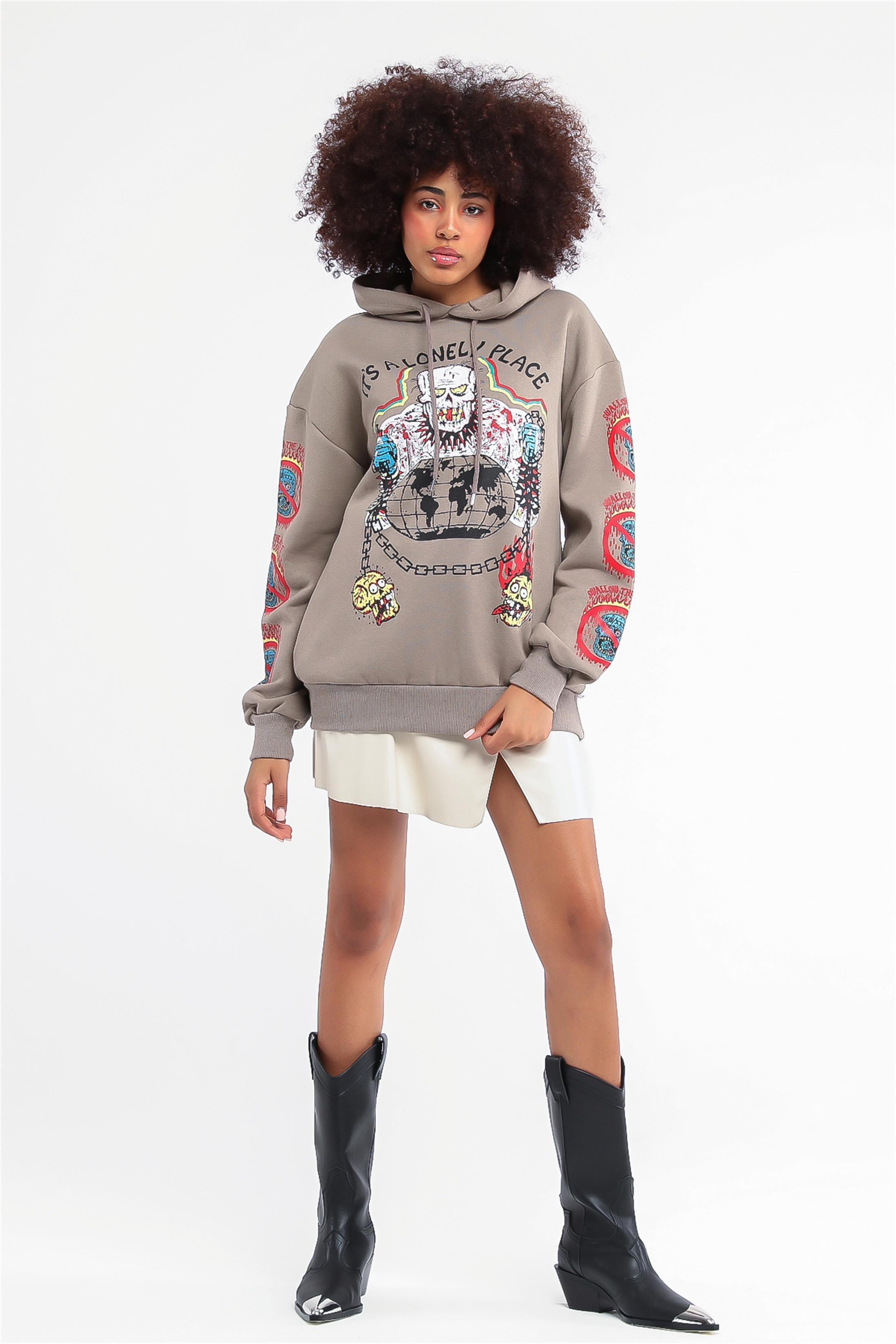 Kadın Lonely Place Baskılı Kapüşonlu Sweatshirt