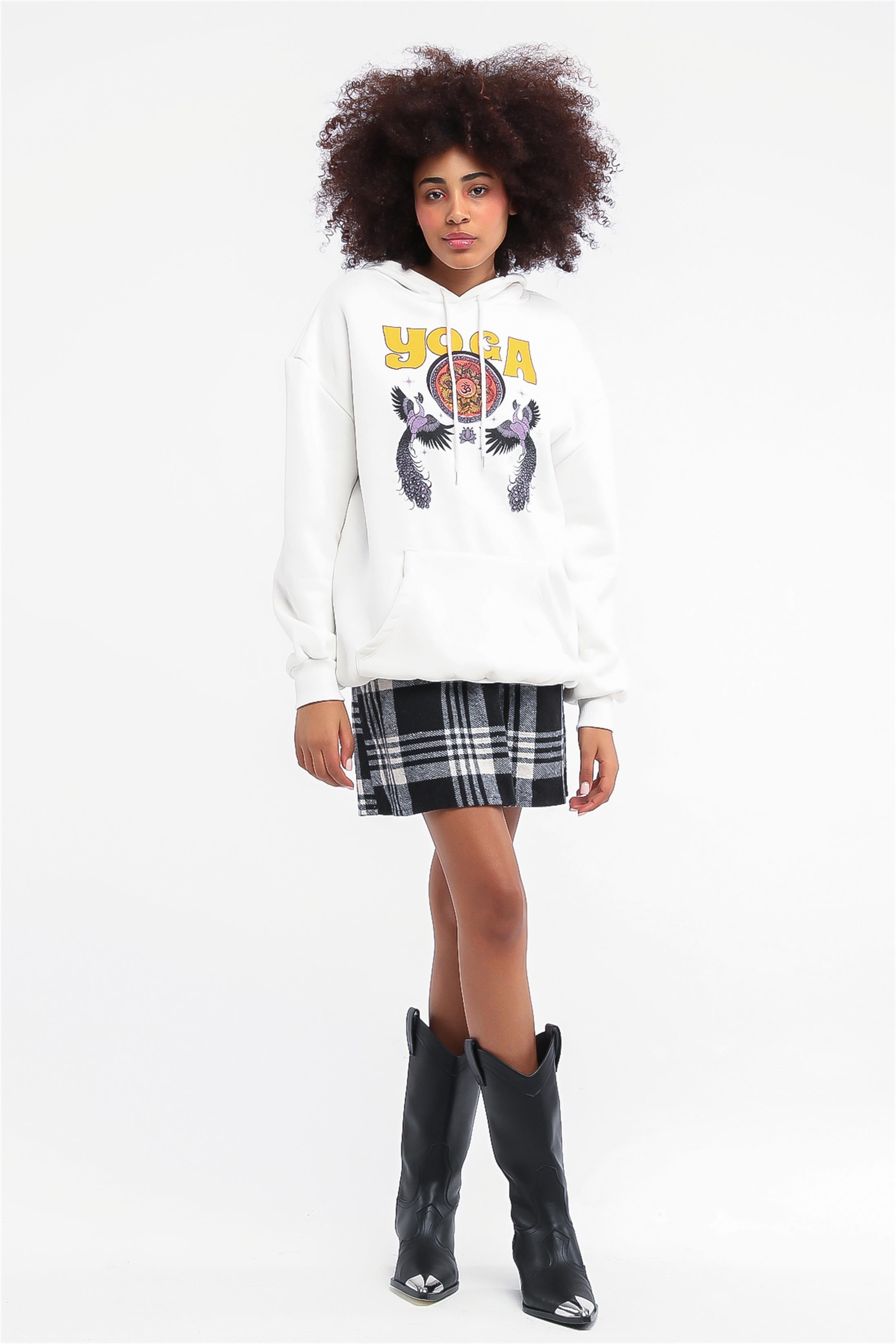 Kadın Yoga Baskılı Kapüşonlu Sweatshirt