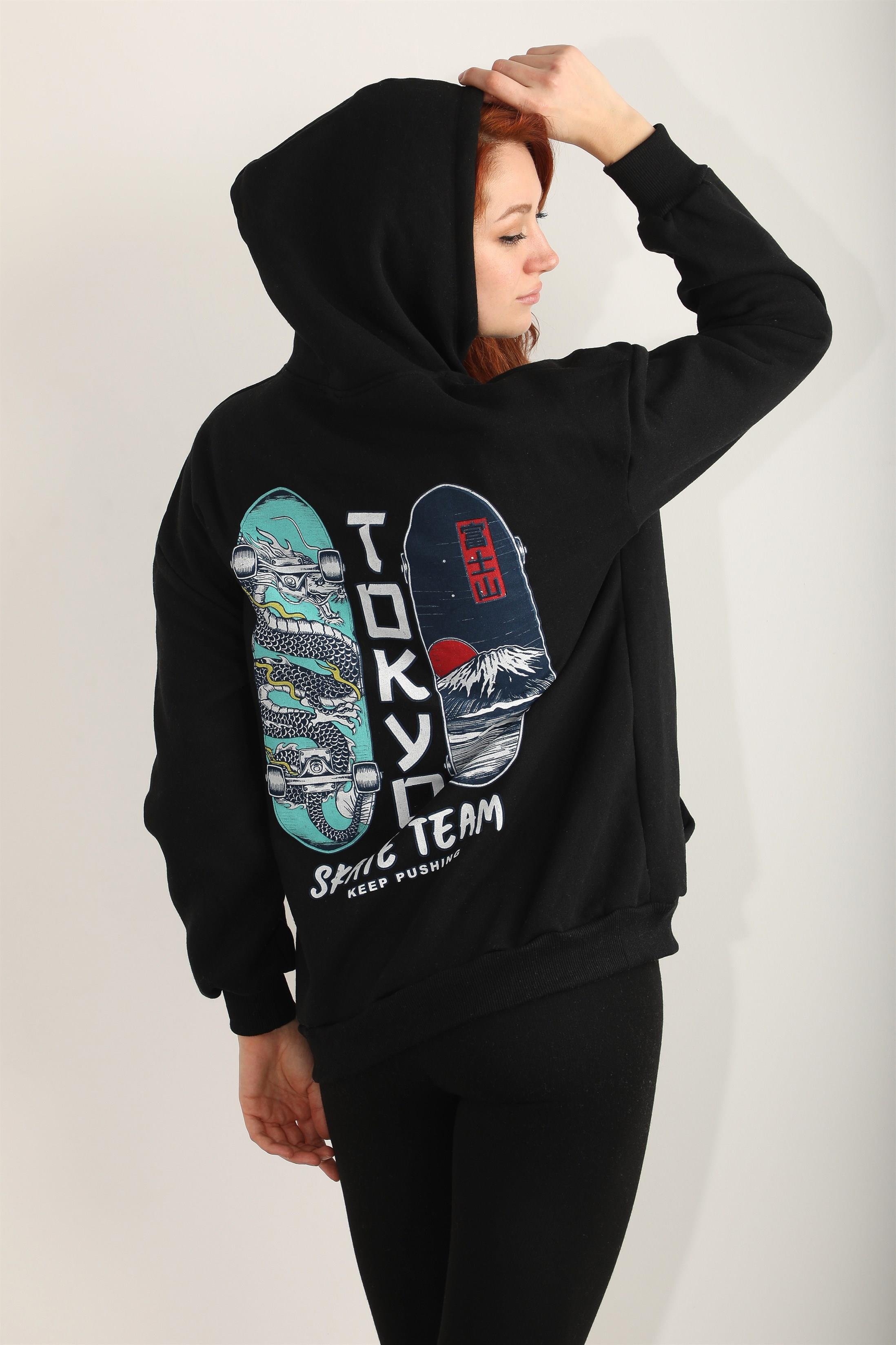 Kadın Tokyo Skate Team Baskılı Kapüşonlu Oversize Sweatshirt