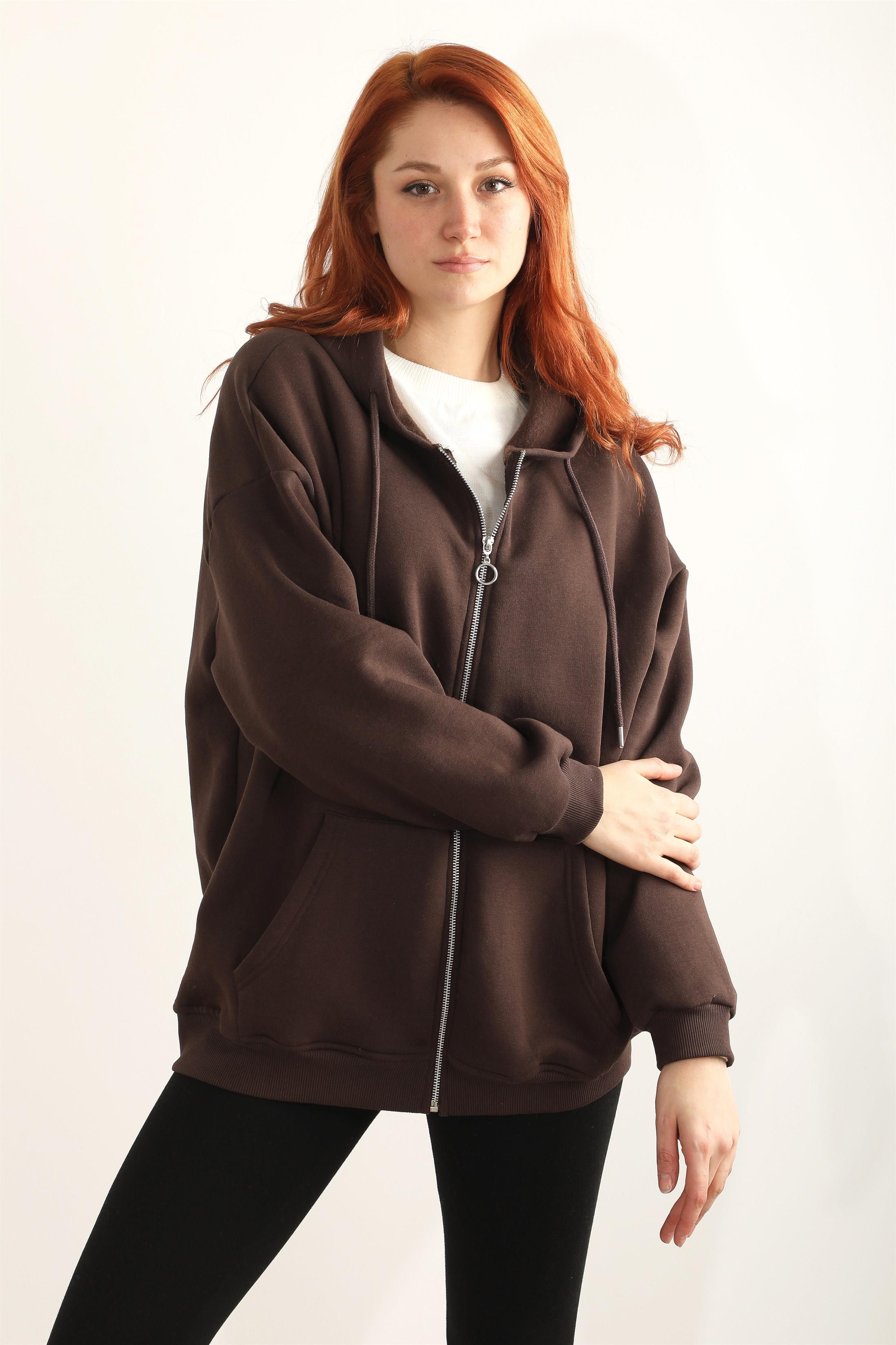 Kadın Kapüşonlu Çift Cepli Fermuarlı Yağmurluk Sweatshirt
