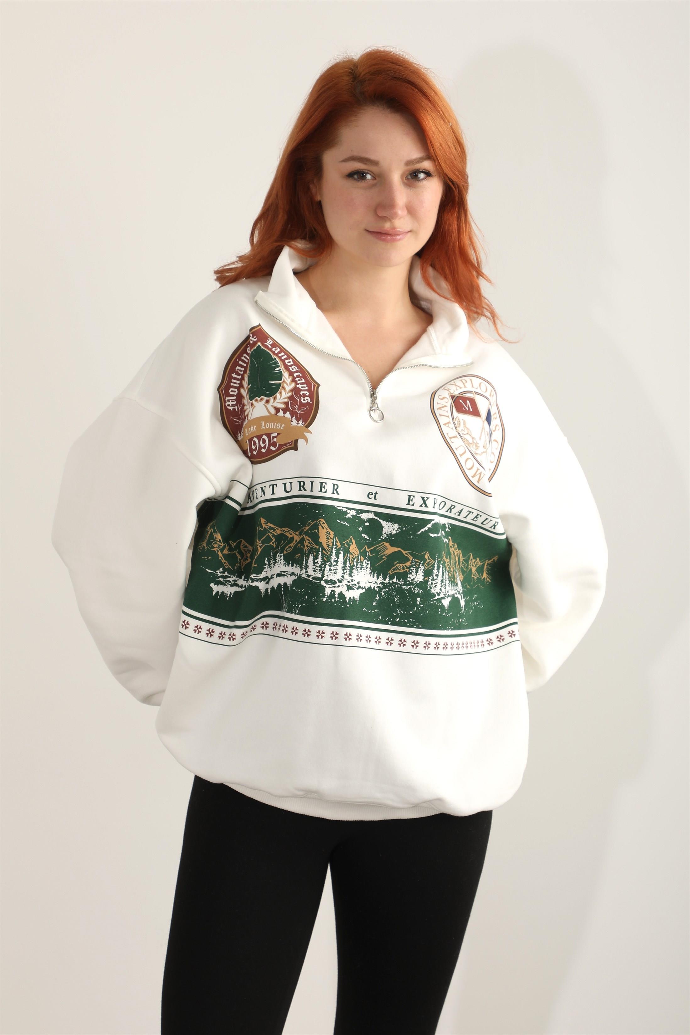 Kadın Yarım Fermuarlı Aventurier Baskılı Oversize Sweatshirt