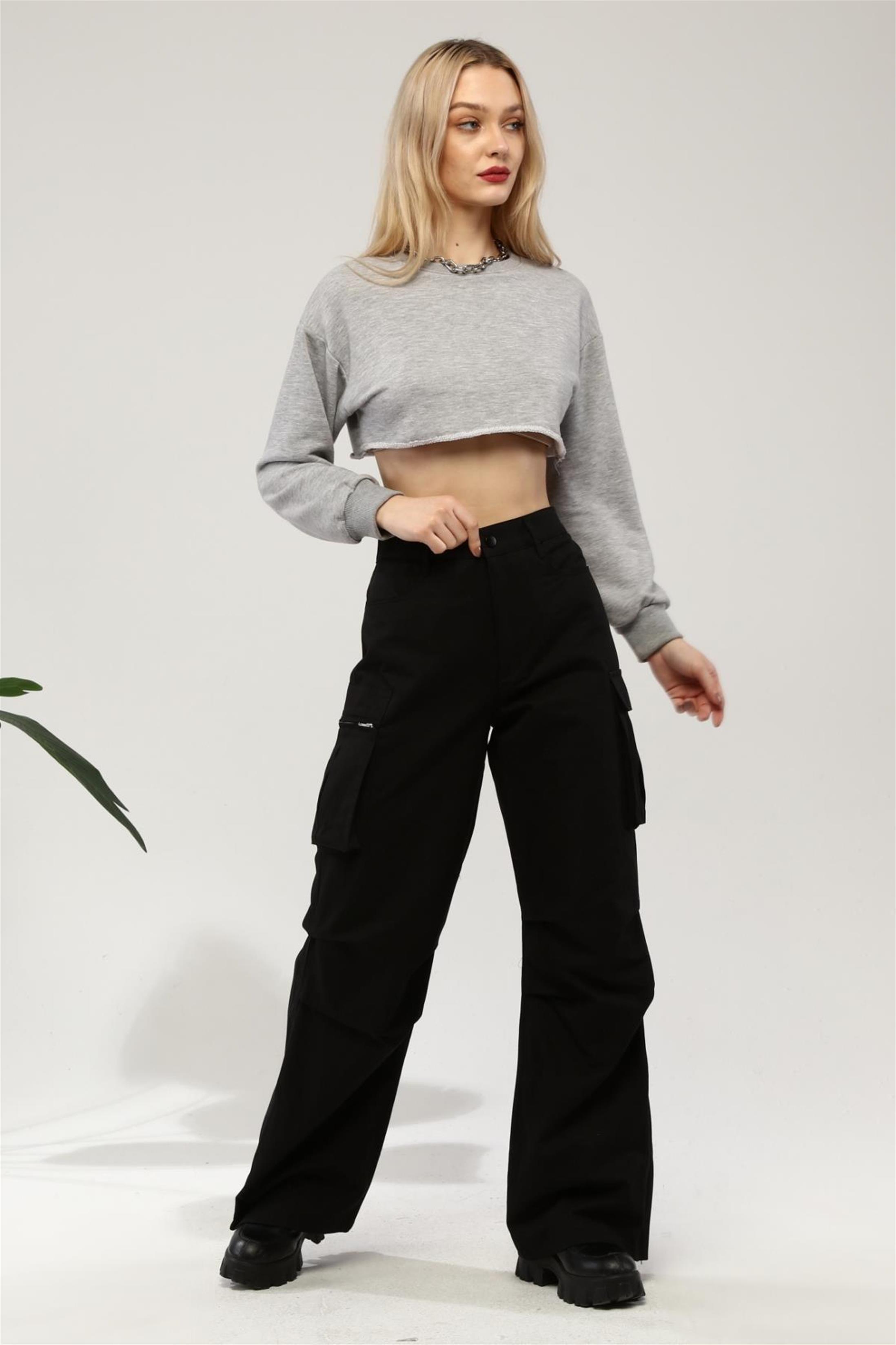 Kadın Siyah Yüksek Bel Kargo Cepli Jeans Bol Paça Kargo Pantolon - Zincir  Moda