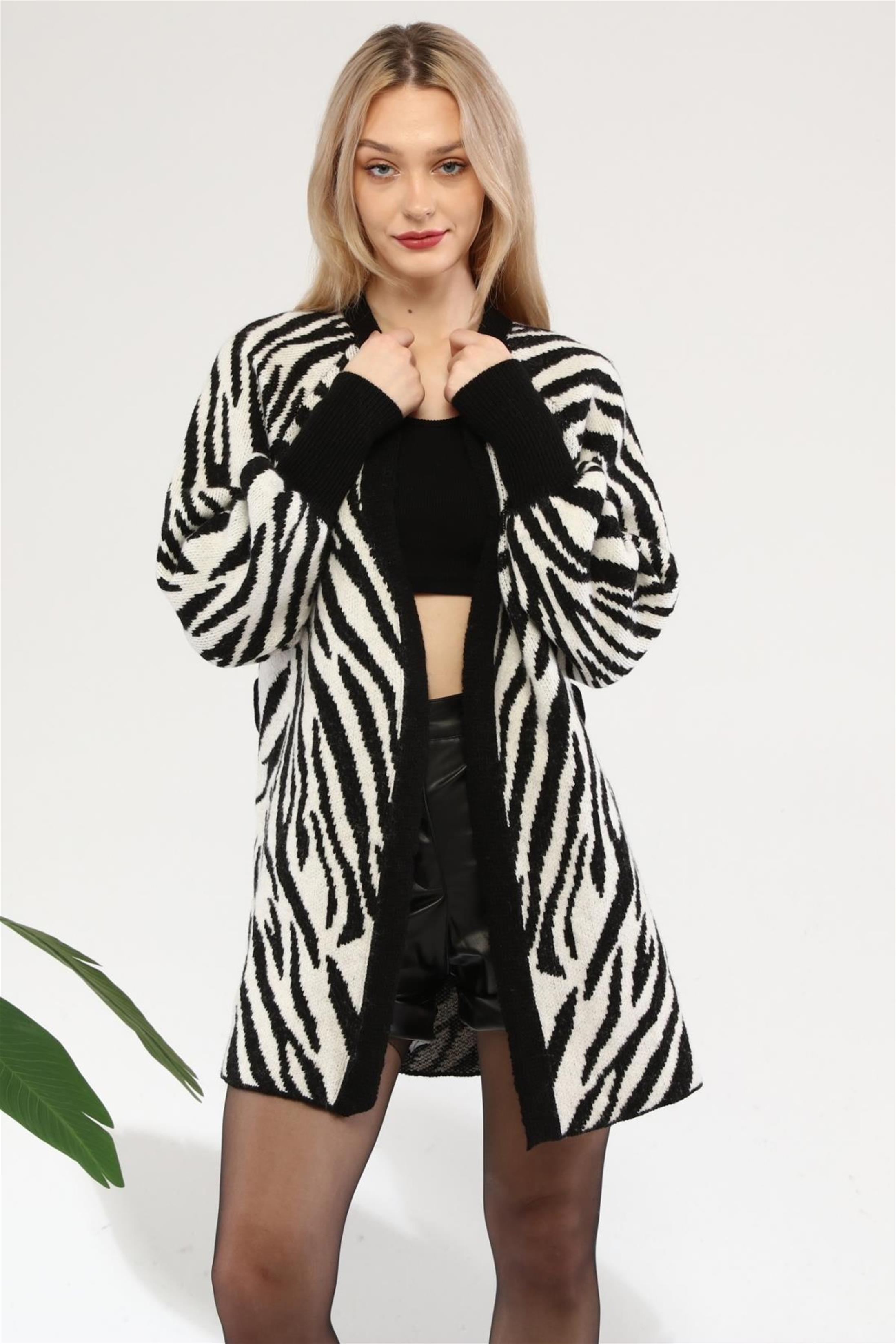 Kadın Bisiklet Yaka Zebra Desenli Uzun Hırka