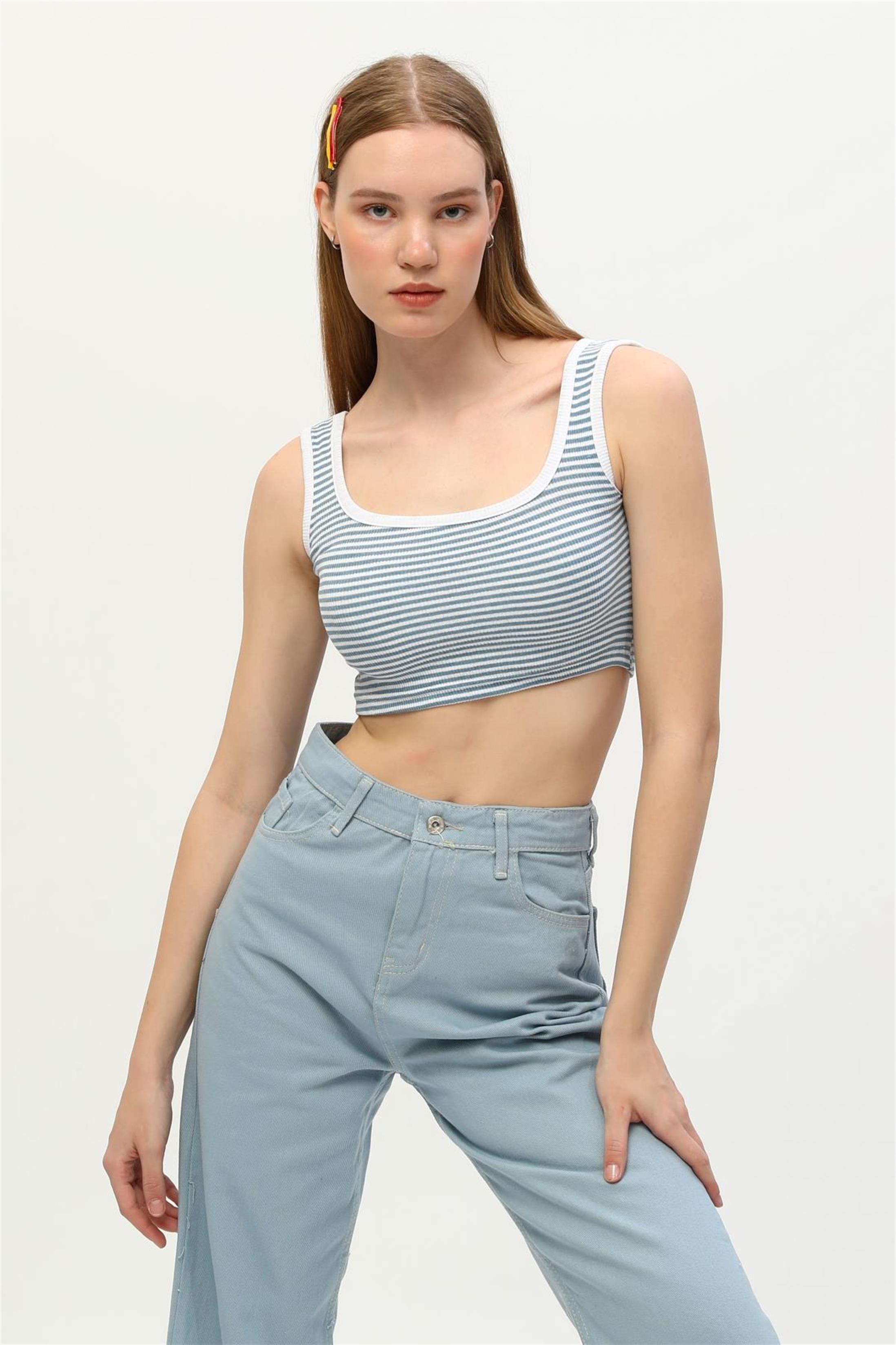 Kadın Çizgili Kaşkorse Aslıkı Crop Top Büstiyer