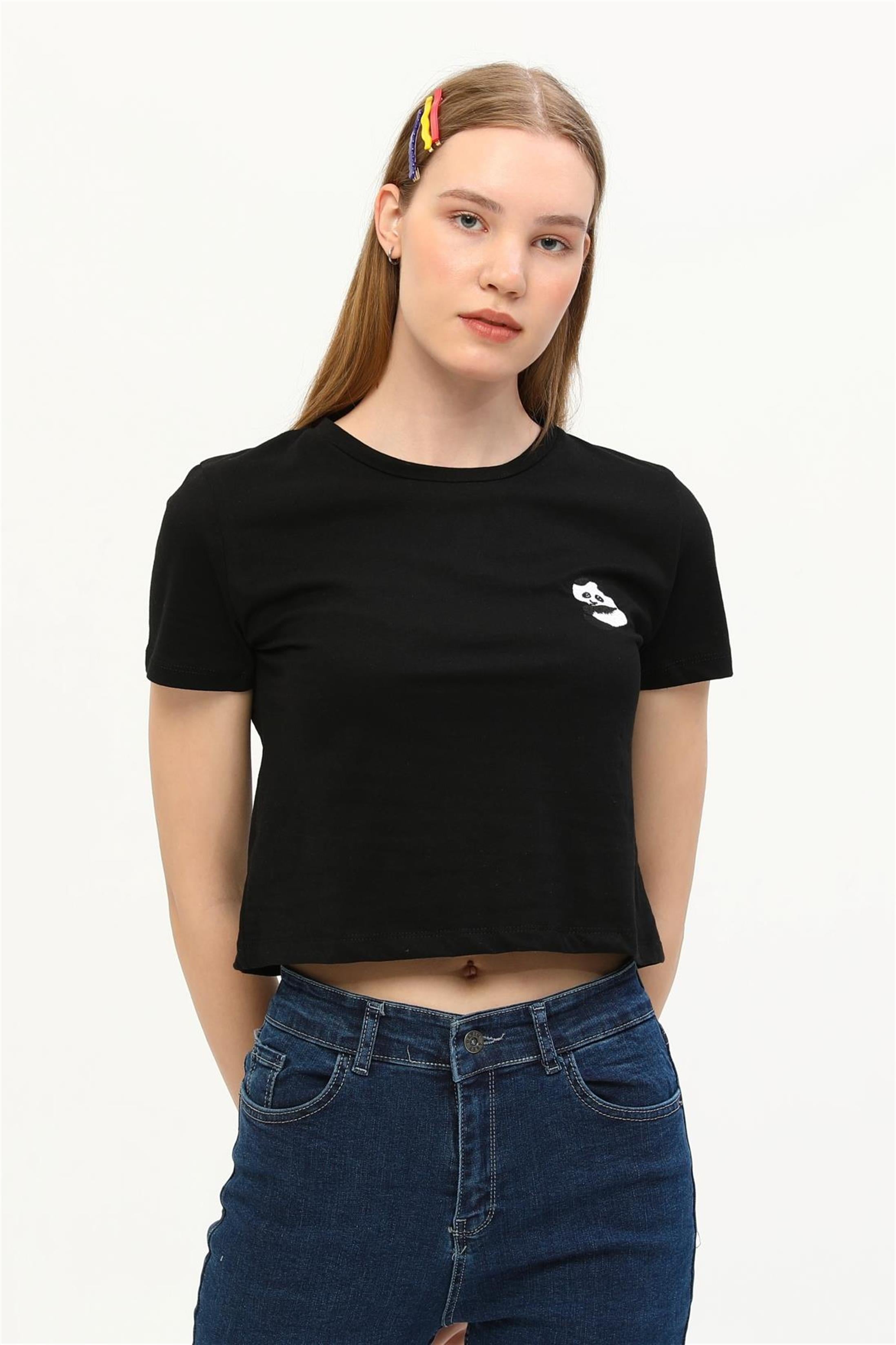 Kadın Panda Nakışlı Crop T-Shirt
