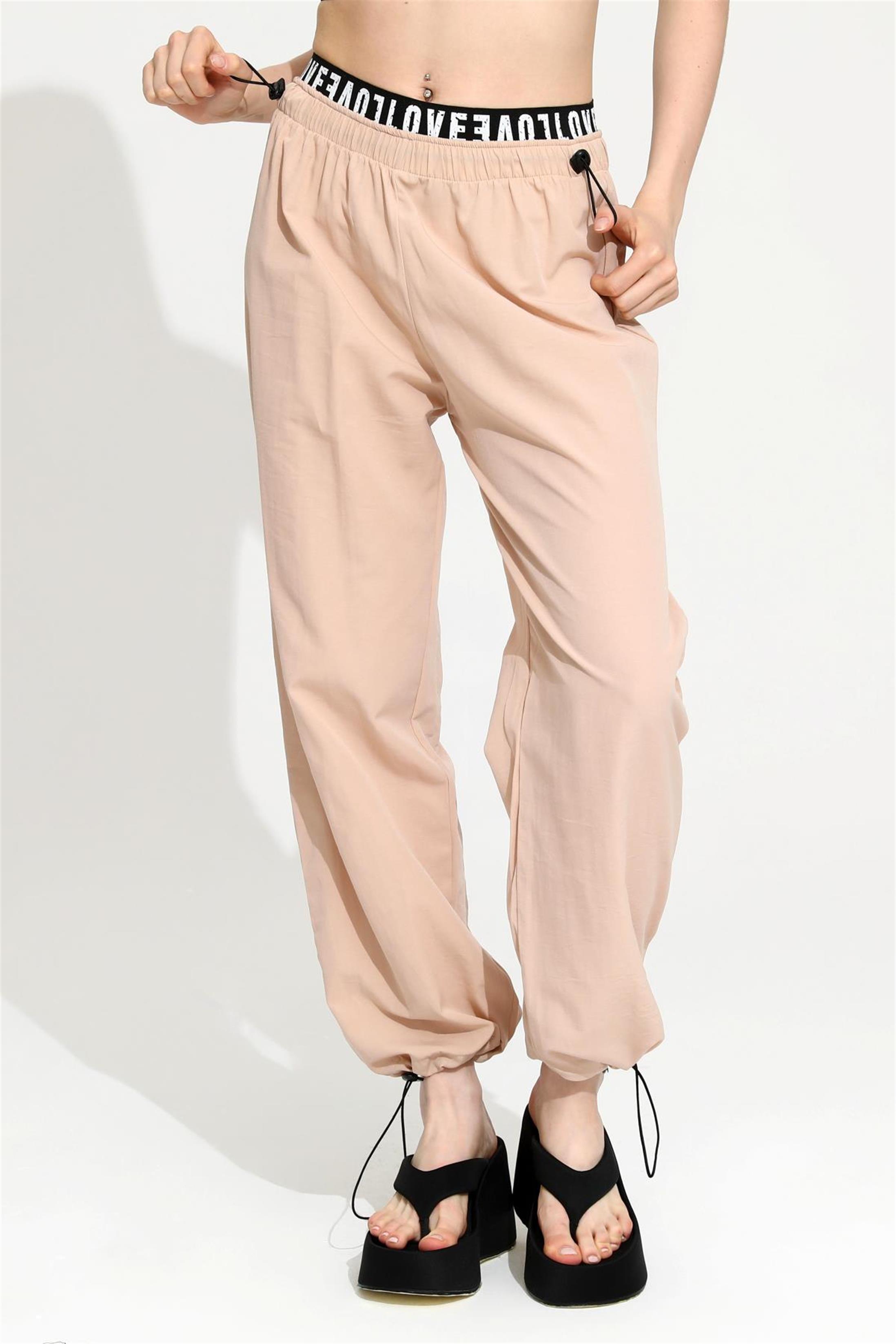 Kadın Beli Lastikli Yazılı Paraşüt Pantolon