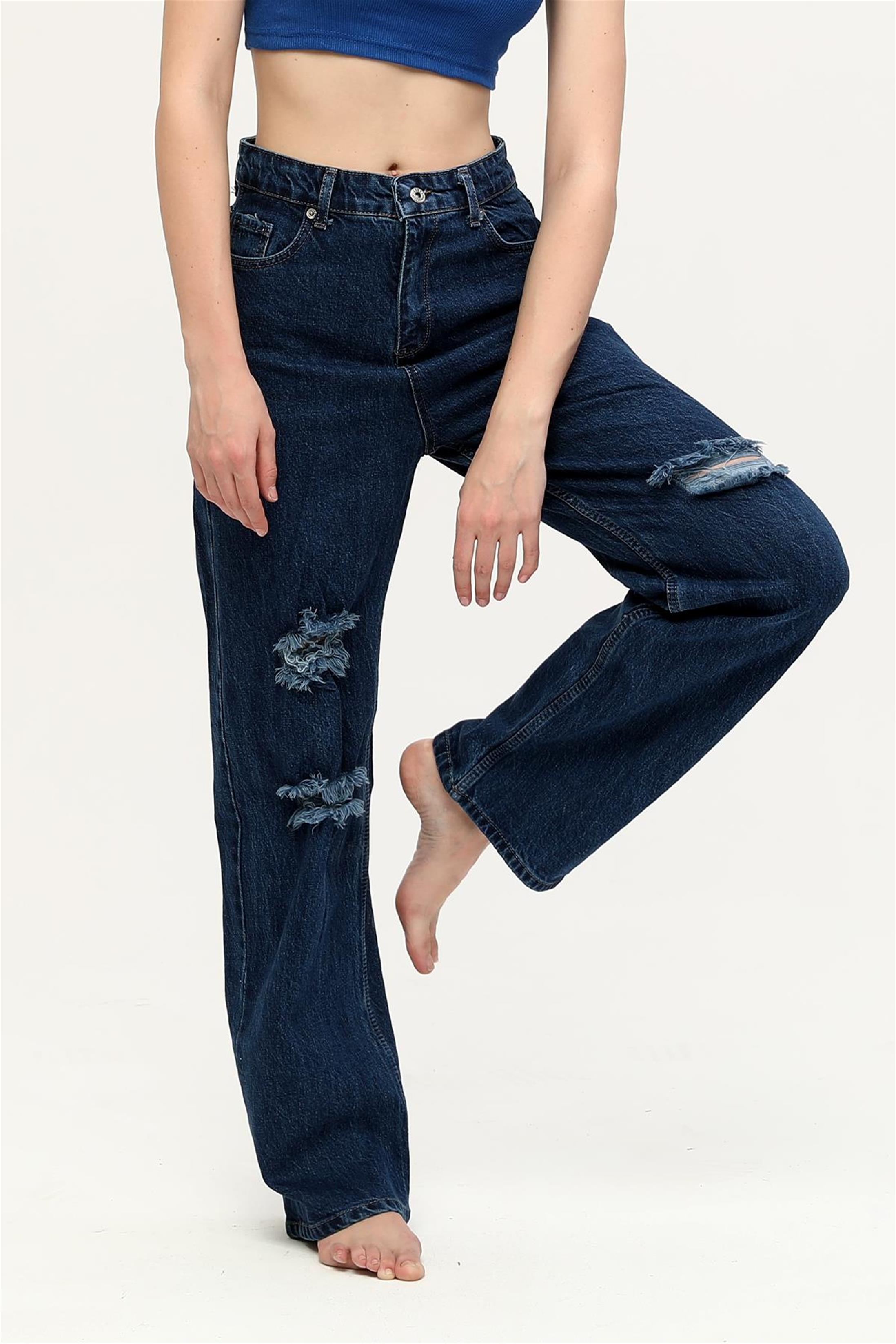 Kadın Yüksek Bel Salaş Yırtık Denim Jean Pantolon - Zincir Moda