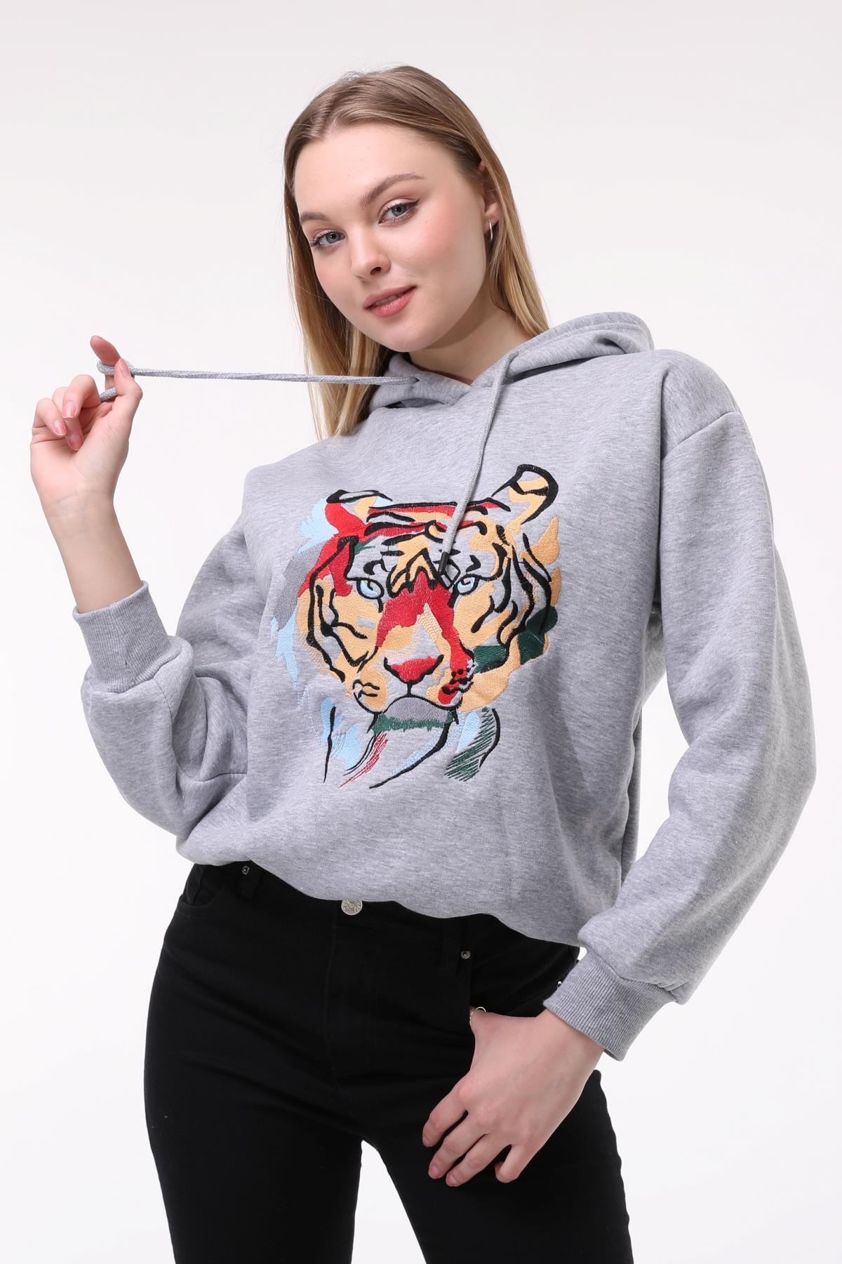 Kadın Kaplan Nakışlı Kapşonlu Sweat