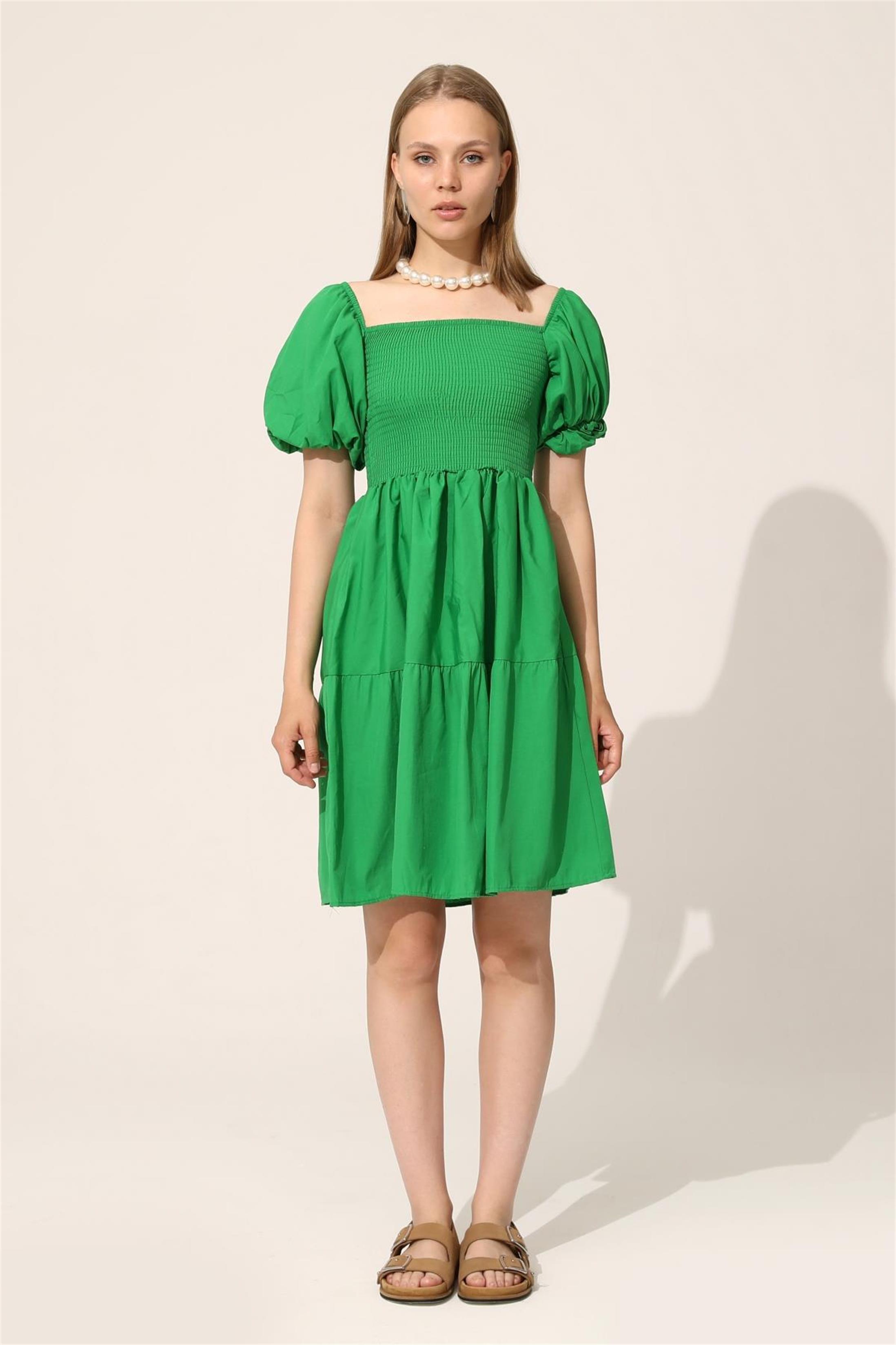 Balon Kol Gipeli Elbise - Yeşil