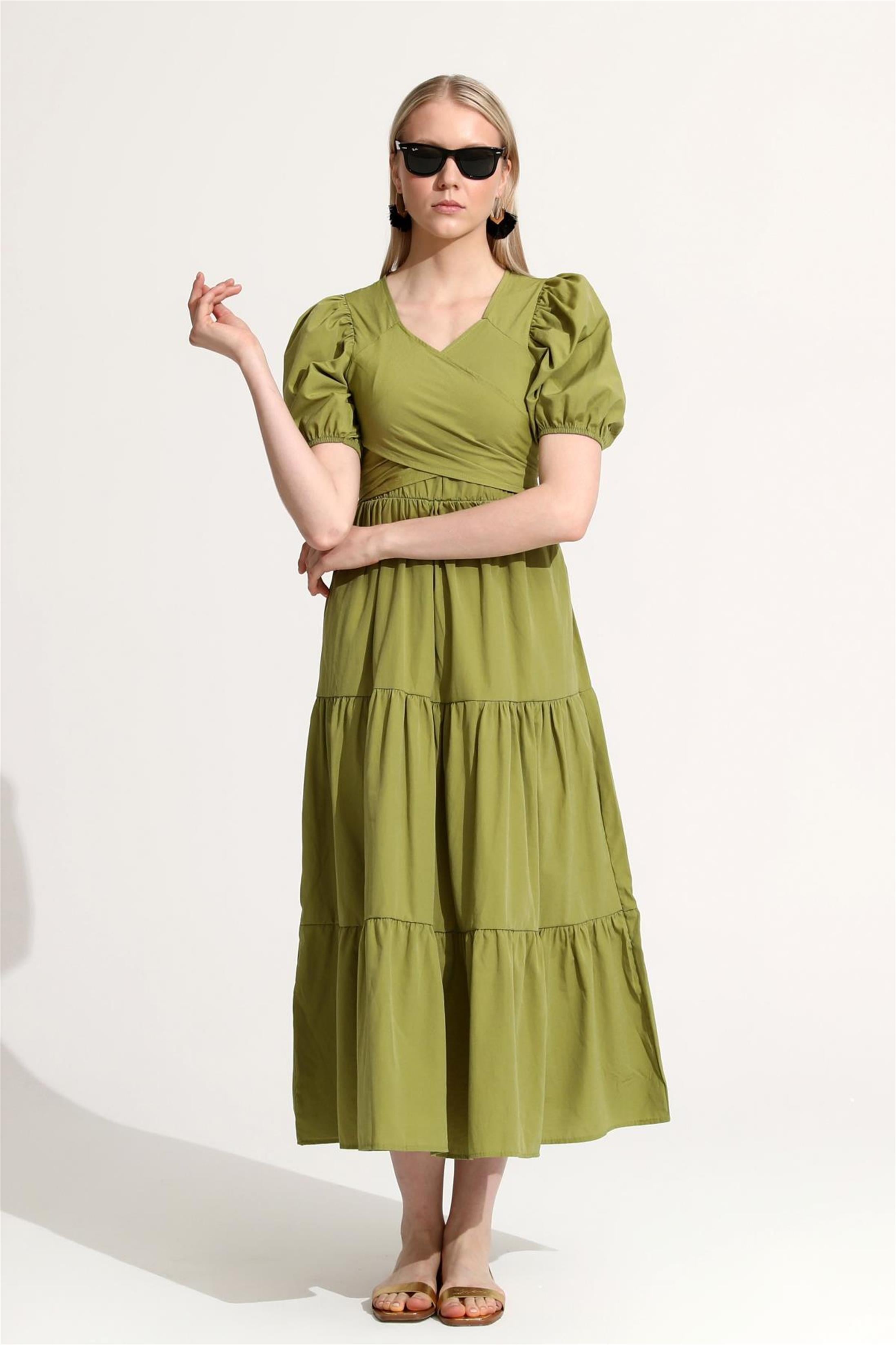 Arkadan Bağlamalı Kısa Kol Elbise - Haki