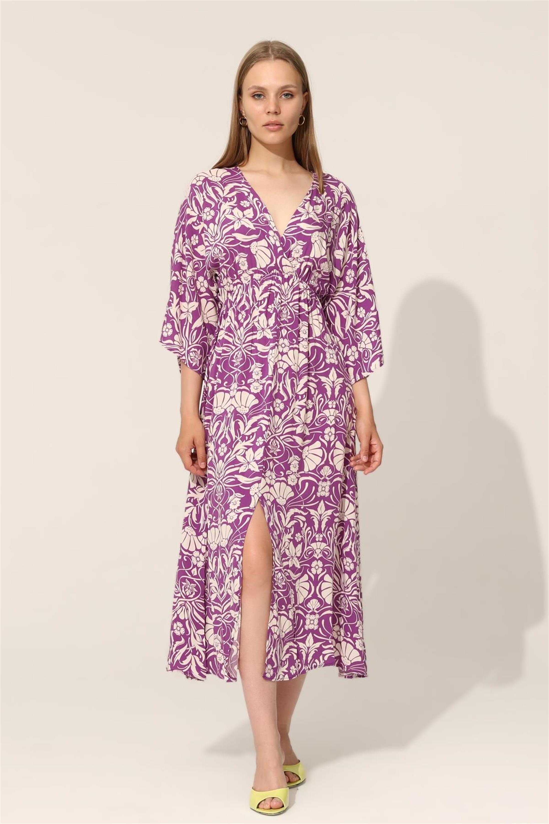 Önden Yırtmaçlı Kruvaze Elbise - Mor