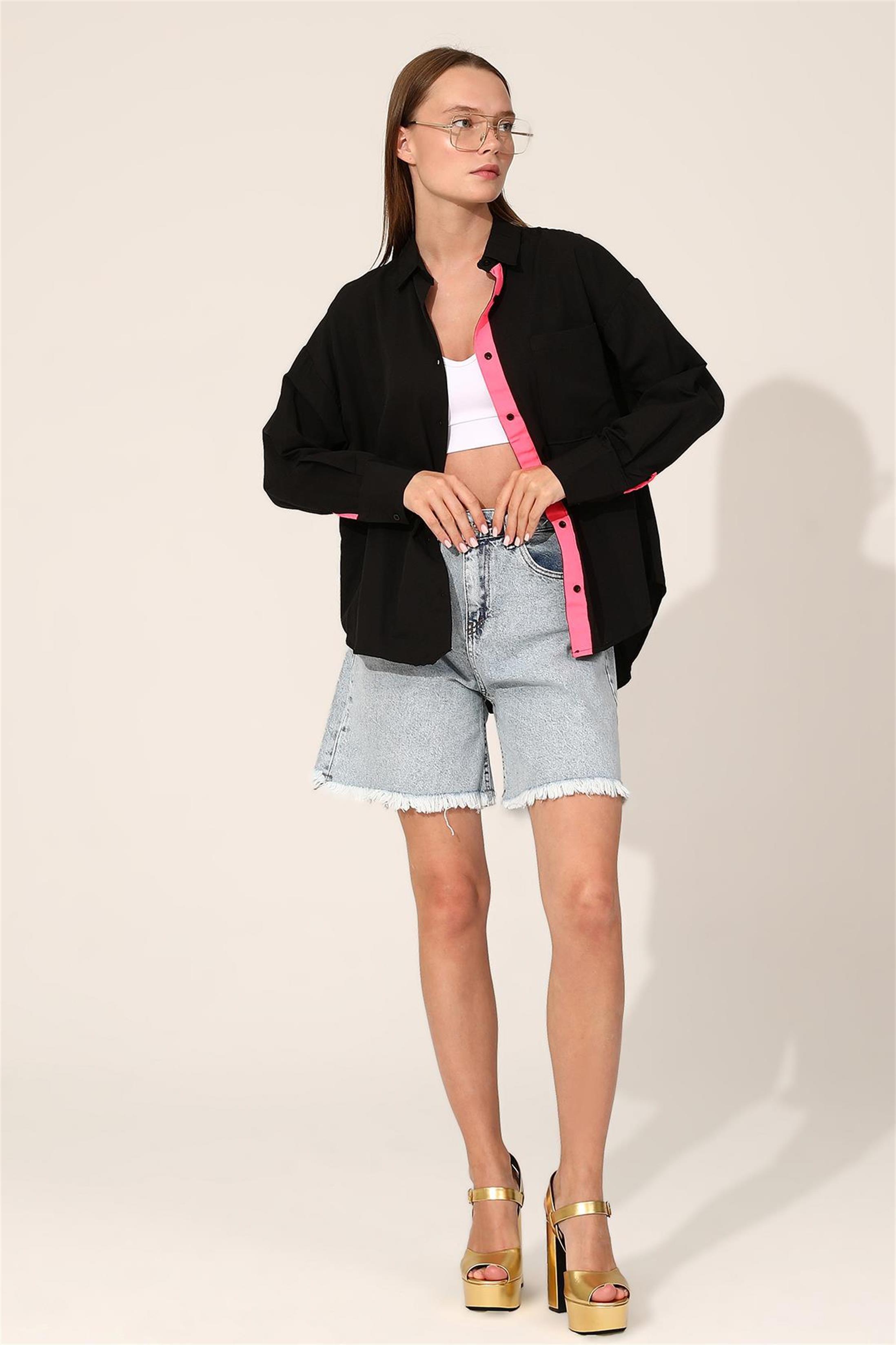 Kadın Arkası Düğmeli Fosforlu Oversize Gömlek - Siyah Fuşya