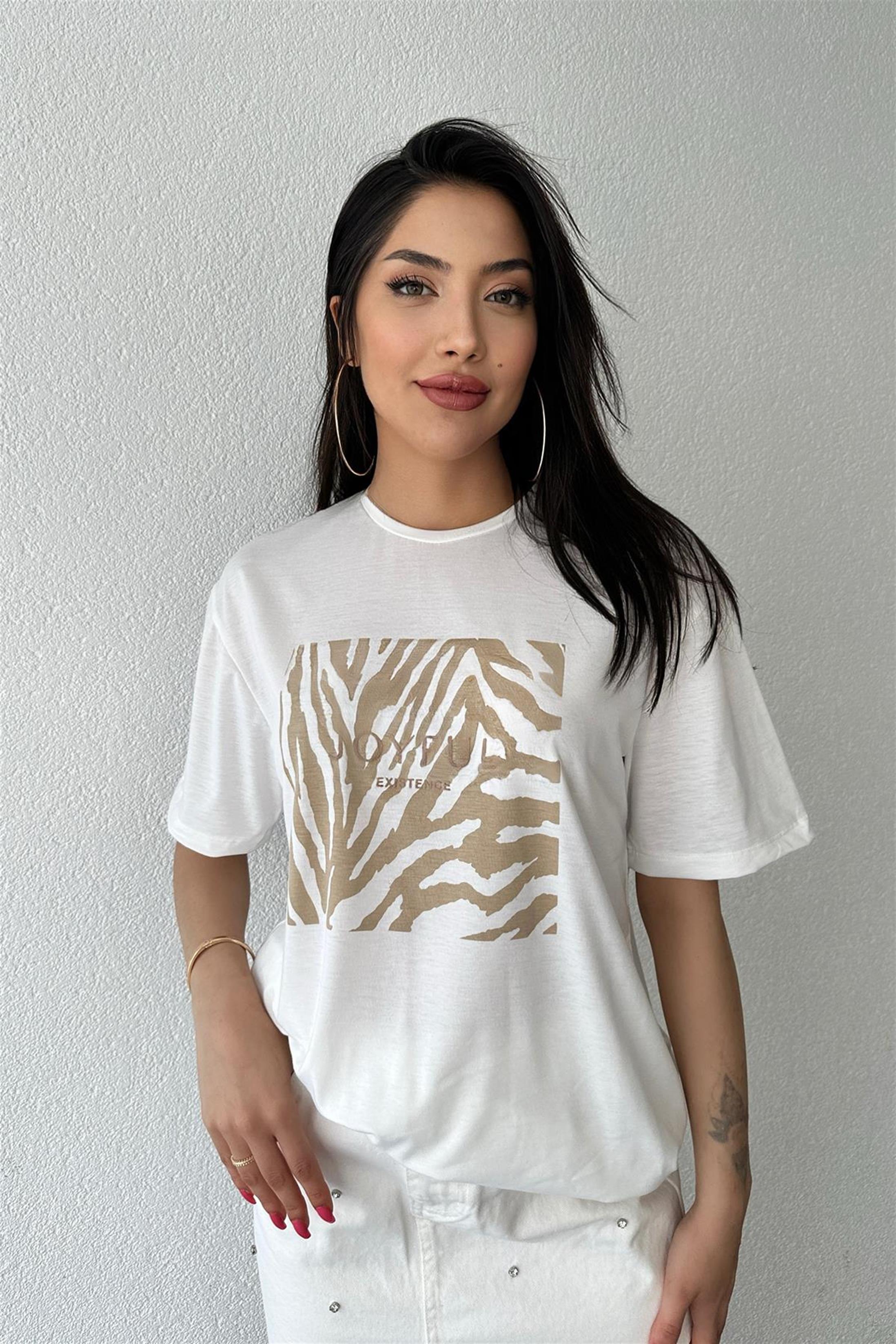 Joyful Baskılı T-Shirt - Camel