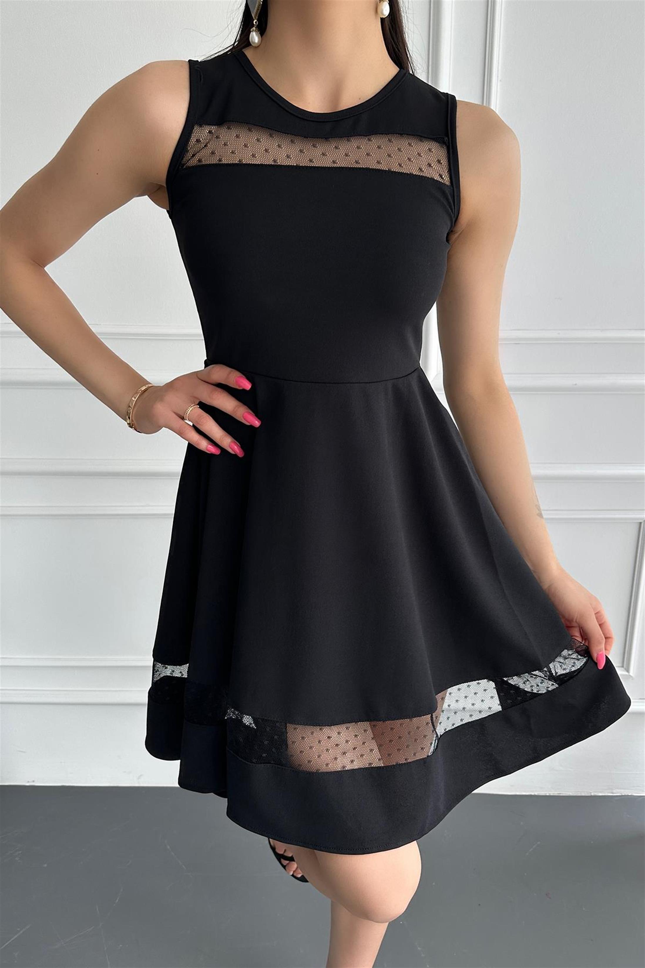 Tül Detaylı Elbise - Siyah - Zincir Moda