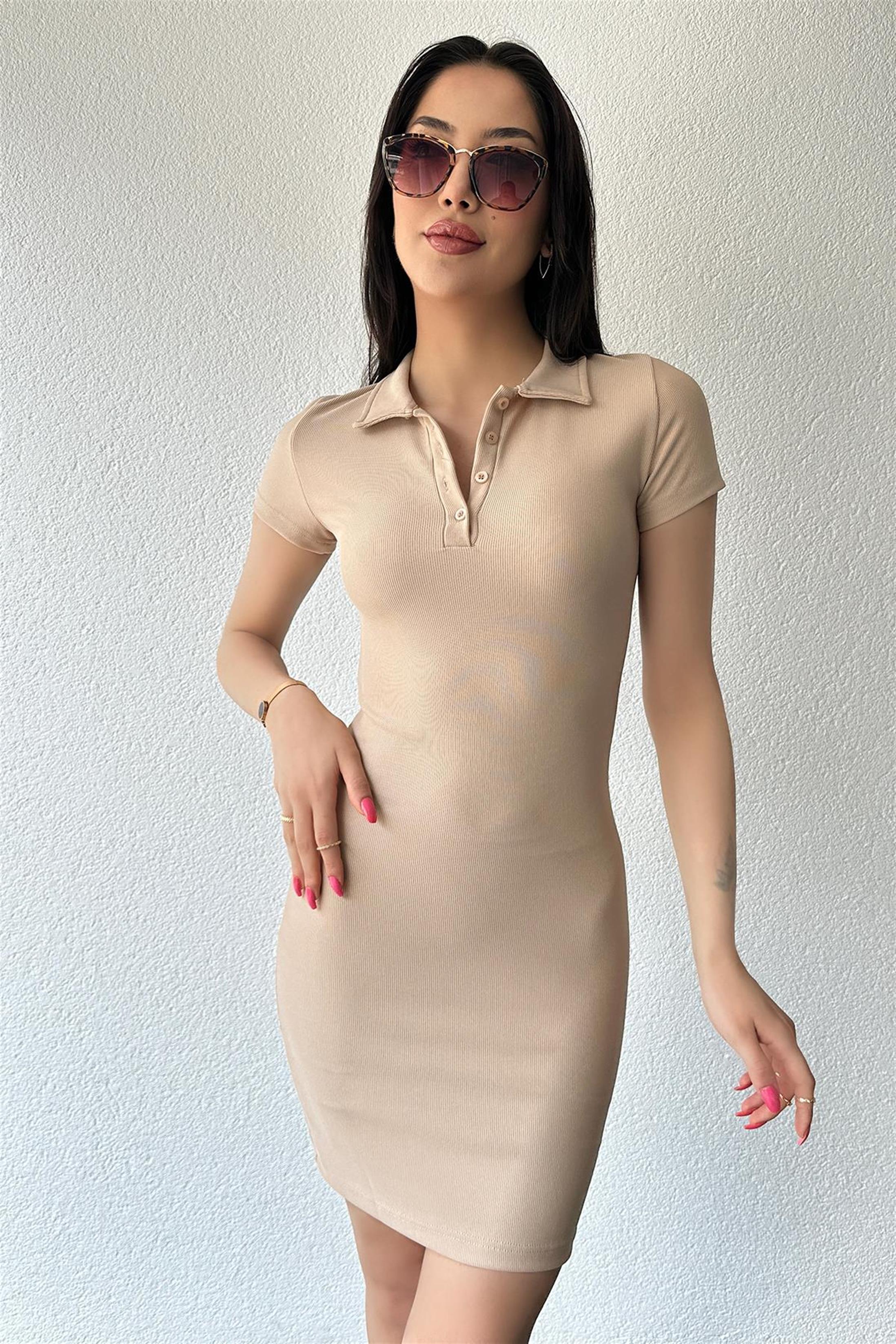 Yakalı Patlı Yarım Kol Mini Elbise - Bej