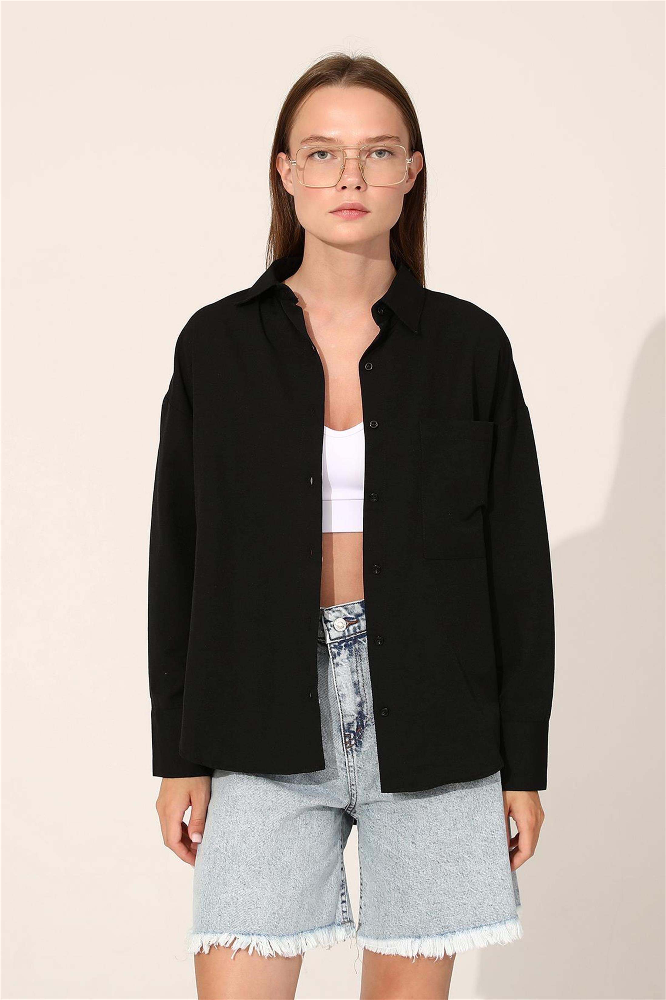 Arkası Düğmeli Oversize Poplin Gömlek - Siyah