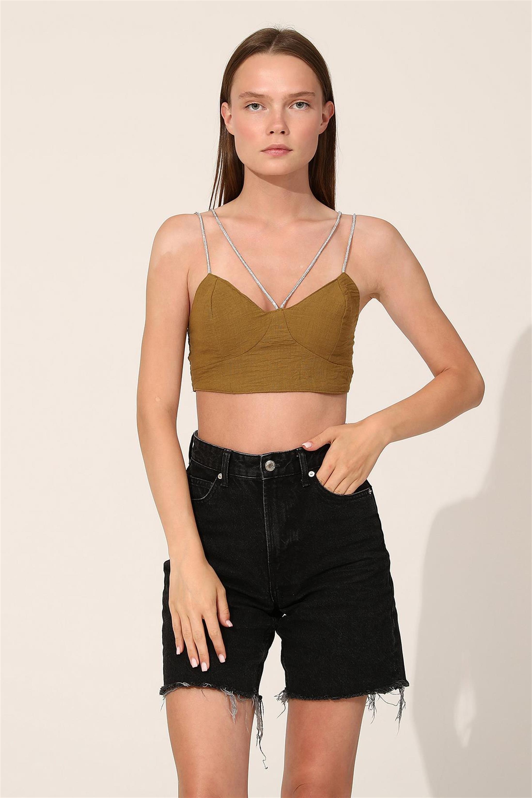 Simli Askılı Keten Büstiyer - Kahve