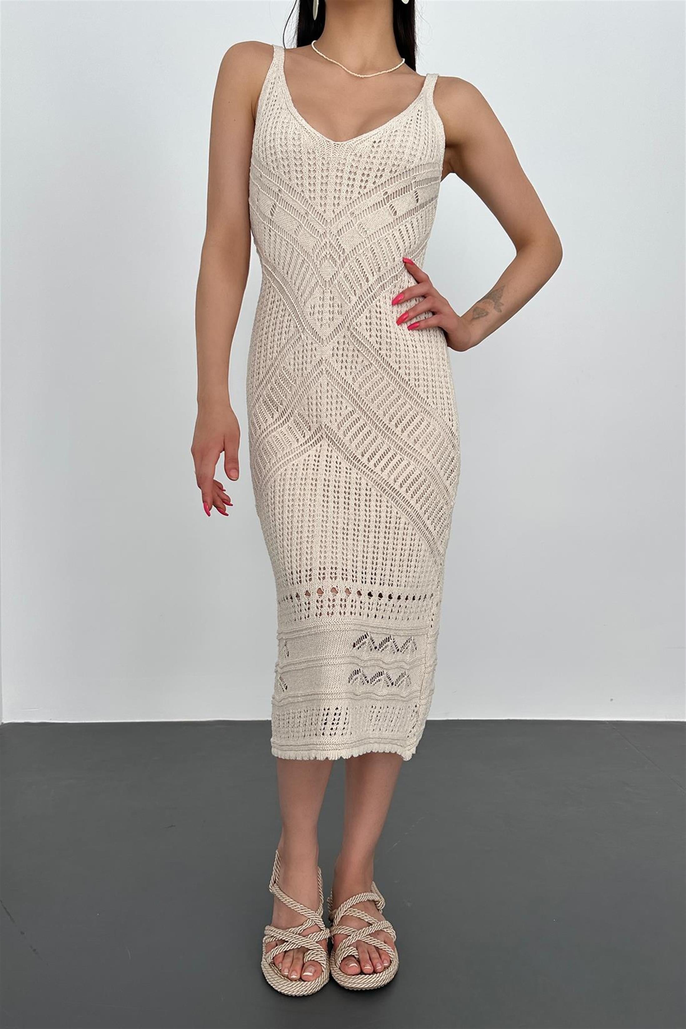 Askılı Ajurlu V Yaka Güpür Elbise - Bej